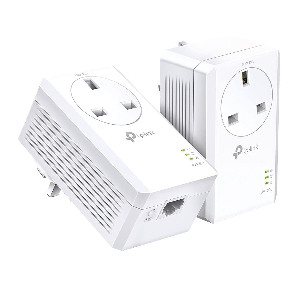 TP-Link TL-PA7017PKIT بسته شروع کننده آداپتور برقی Gigabit Passthrough Powerline، آداپتور‌های شبکه Powerline با سرعت تا 1000 Mbps، پخش ویدیو 4K و بازی آنلاین، بدون نیاز به پیکربندی، قابلیت پخش و بازی AV1000 Mbps+2 پورت گیگابیت / کیت