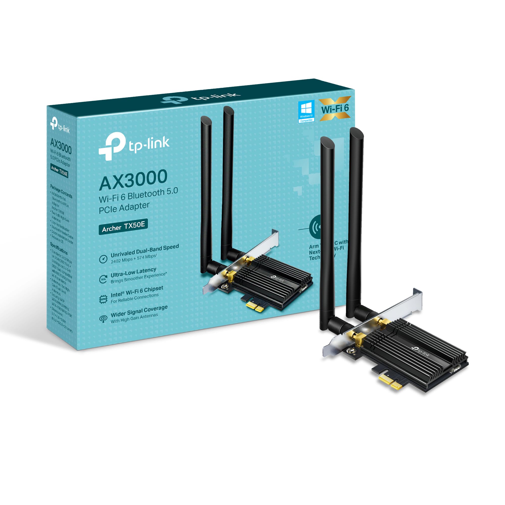 کارت WiFi 6 AX3000 PCIe برای کامپیوتر با سینک حرارتی (Archer TX50E) از TP-Link، با بلوتوث 5.0، آداپتور بی‌سیم دو بانده 802.11AX با MU-MIMO، تاخیر بسیار پایین، سازگار با ویندوز ۱۱، ۱۰ (۶۴ بیت) تنها AX3000، Wi-Fi ۶