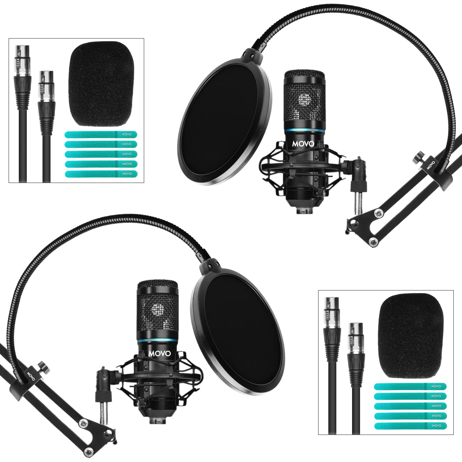 مجموعه میکروفون کاندنسر کاردیوید Movo PodPak2A 2-Pack Universal با آرم اسکیسور قابل تنظیم، نگهدارنده شوک، فیلتر پاپ Gooseneck - مجهز به استانداردهای Podcast برای یوتیوب، پادکست، استریمینگ 2 پک