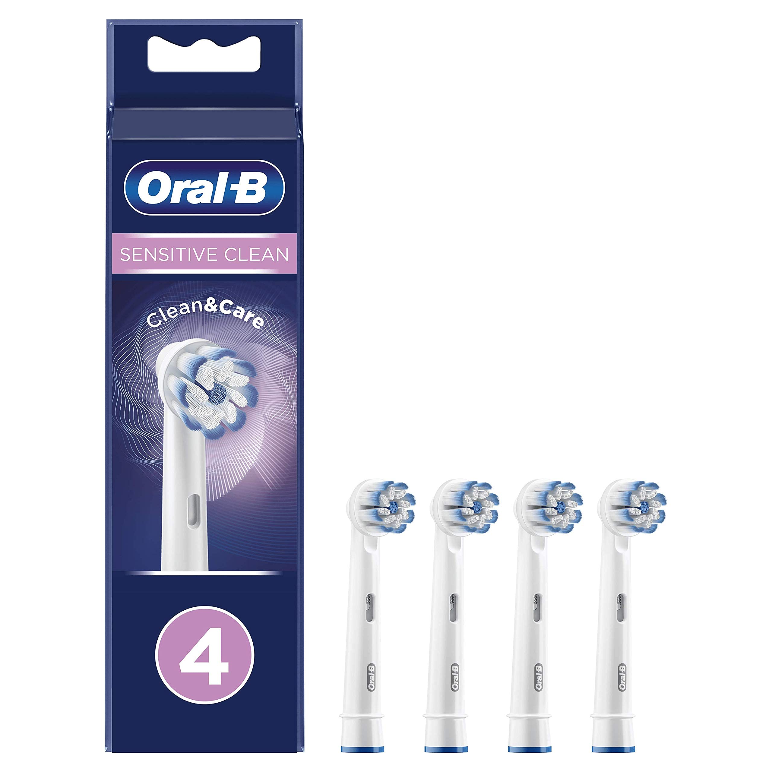 سر دندان‌به‌دندان برقی Oral-B Sensitive Clean با تکنولوژی تمیز کردن و مراقبت، موهای برس اضافی نرم برای حذف لکه‌های لطیف، بسته ۴ عددی - سفید، [نسخه انگلیس] بسته جدید ۴ عددی