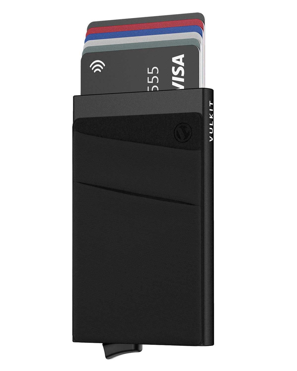 VULKIT Card Holder with Money Pocket Pop Up Wallet RFID Blocking Slim Metal Bank Card Case Holds Black