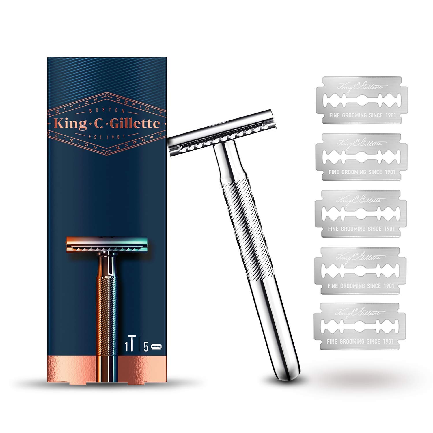 King C. Gillette Men's Safety Razor + 5 Razor Blades, Safety Razor with Durable Blades, Gift Men Safety Razor + 5 Blades Single
