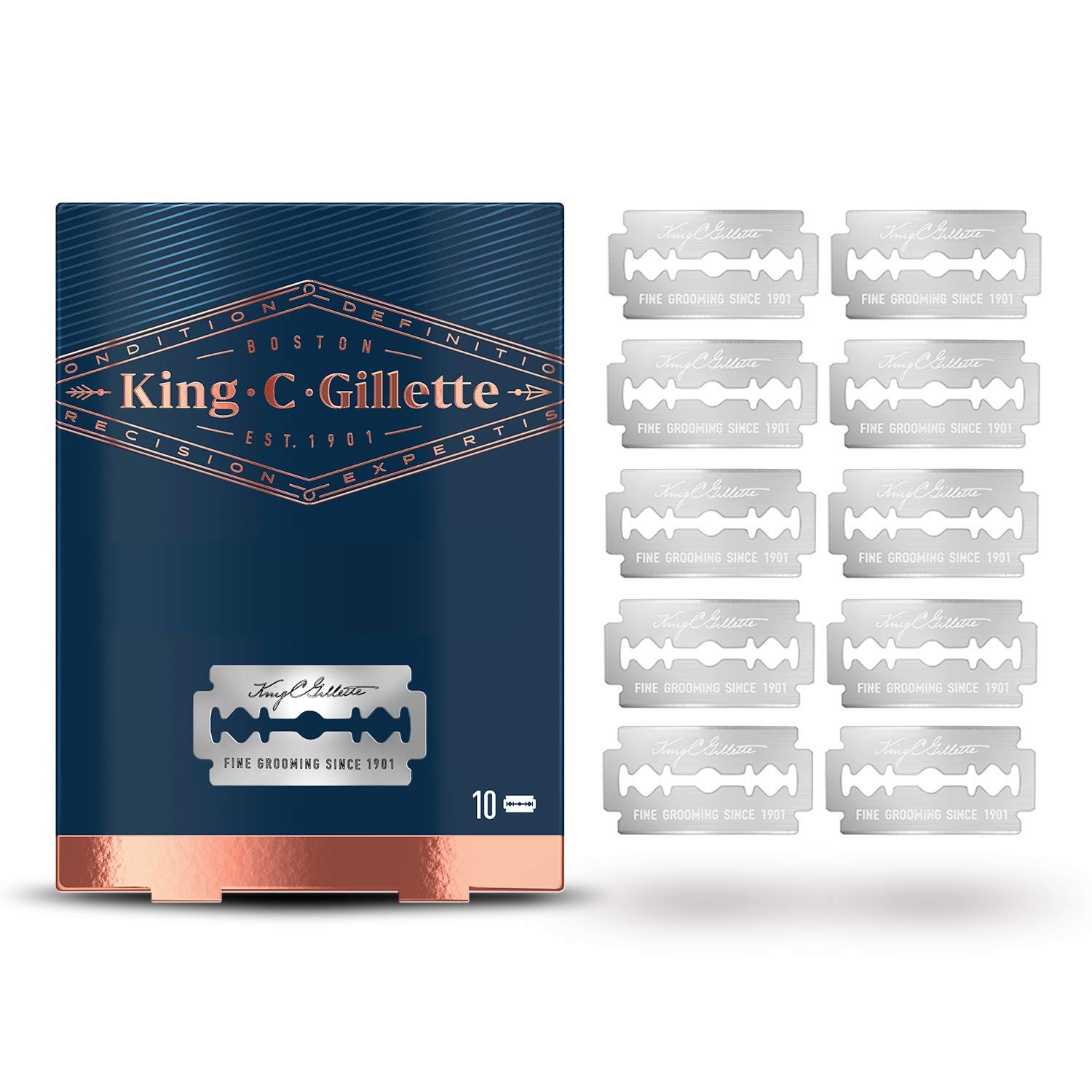 تیغ‌های تیغ ریز دو لبه ایمنی King C. Gillette، استیل ضد زنگ با پوشش ضد اصطکاک برای راحتی بیشتر، تیغ‌های ایمنی برای مردان، بسته ۱۰ تیغه یک تکه