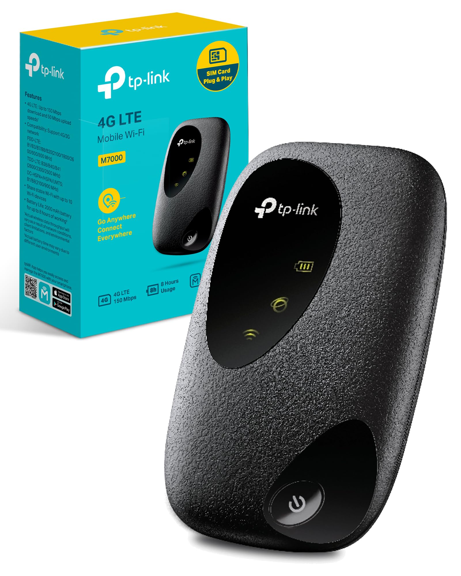 TP-Link M7000 4G+ MiFi, WiFi قابل حمل مسافرتی، LTE-Advanced Cat4 غیرقفل شده با هزینه کم، دانگل هات‌اسپات موبایل با سرعت بالا، شکاف کارت SIM، سازگاری جهانی بالا، مدیریت آسان نرم‌افزاری 4G CAT4 N300