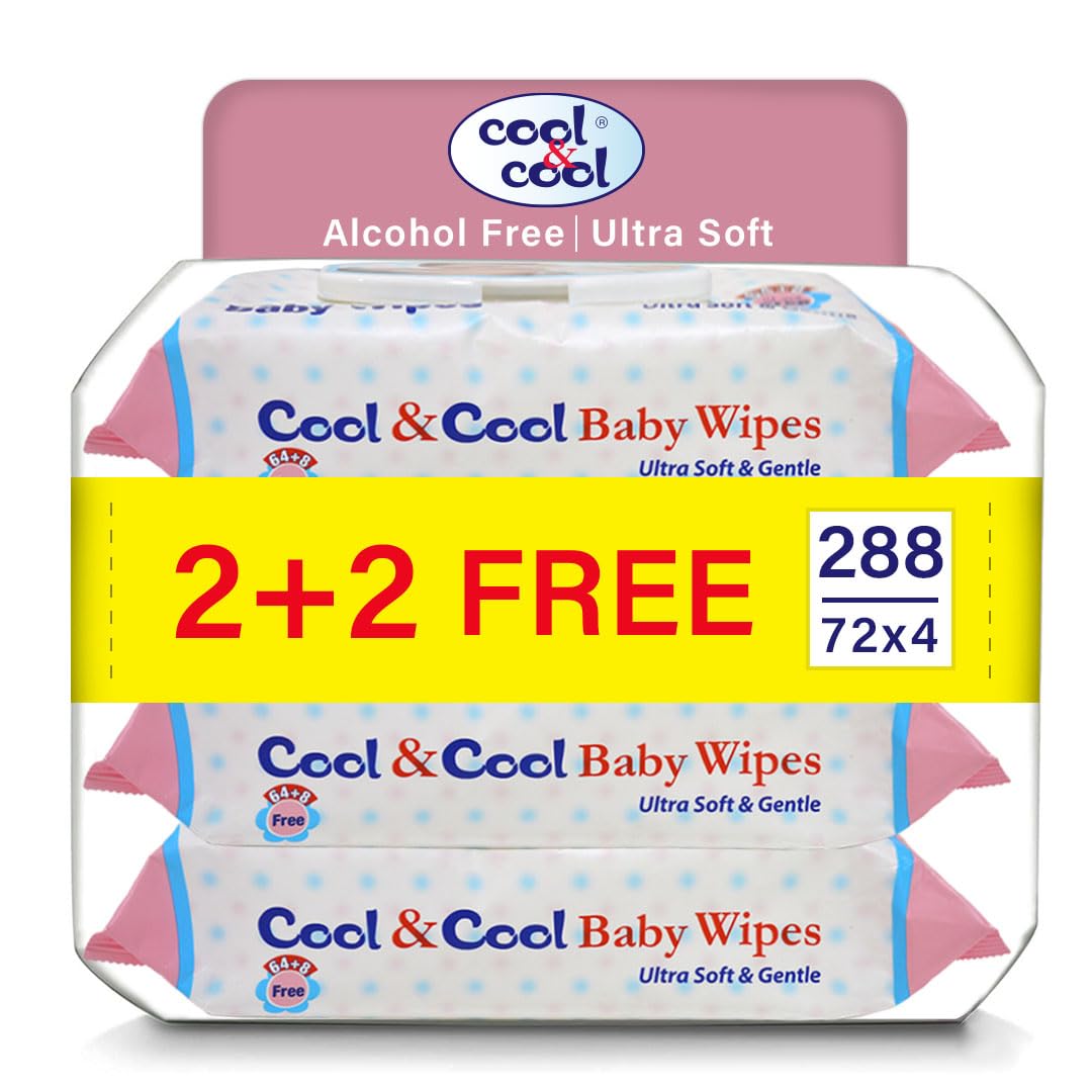 پاک کننده های کودک Cool & Cool 72 عددی رایگان 2+2 (بسته 4 عددی) - بدون الکل، بدون پارابن، حاوی ویتامین E و آلوئه ورا، بسیار نرم و ملایم برای پوست حساس و حساس - 576 دستمال تر راهرو