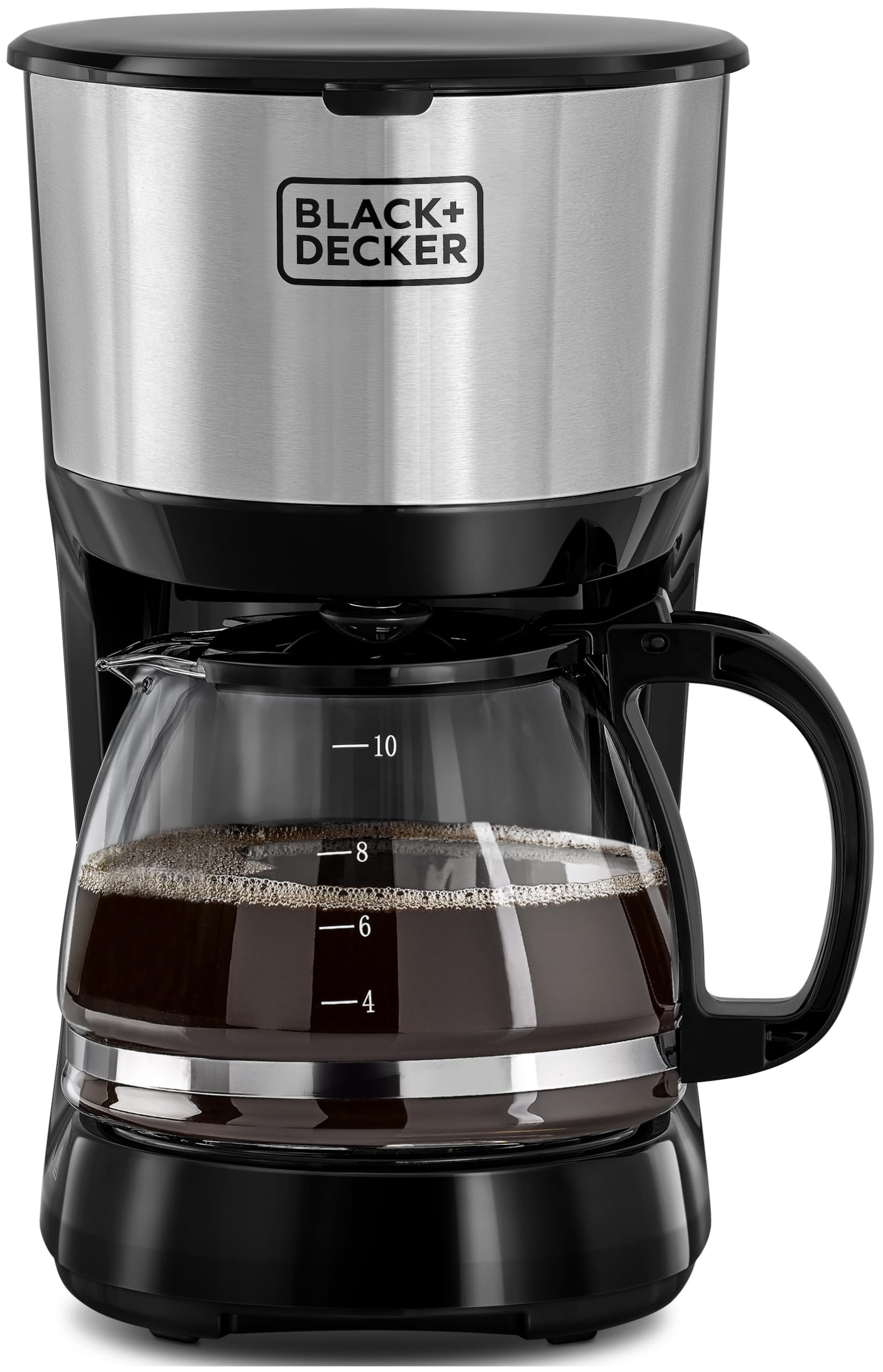 ماشین قهوه ساز 10 فنجانه با ظرف شیشه‌ای برای قهوه ریختن، نقره‌ای/سیاه - مدل DCM750S-B5 از شرکت بلک اند دکر با توان 750 وات، دارای 2 سال گارانتی