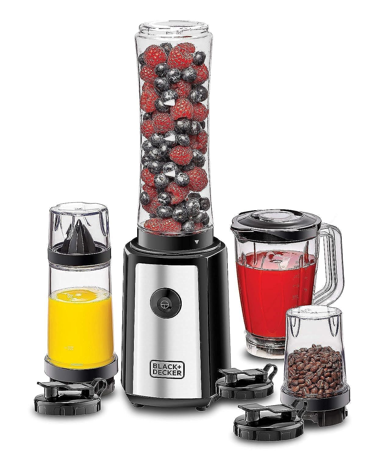 مخلوط‌کن اسپرت کوچک چهار در یک 300 وات BLACK+DECKER SBX300BCG-B5 به همراه یخ‌شکن و آسیاب + 16 قطعه لوازم جانبی