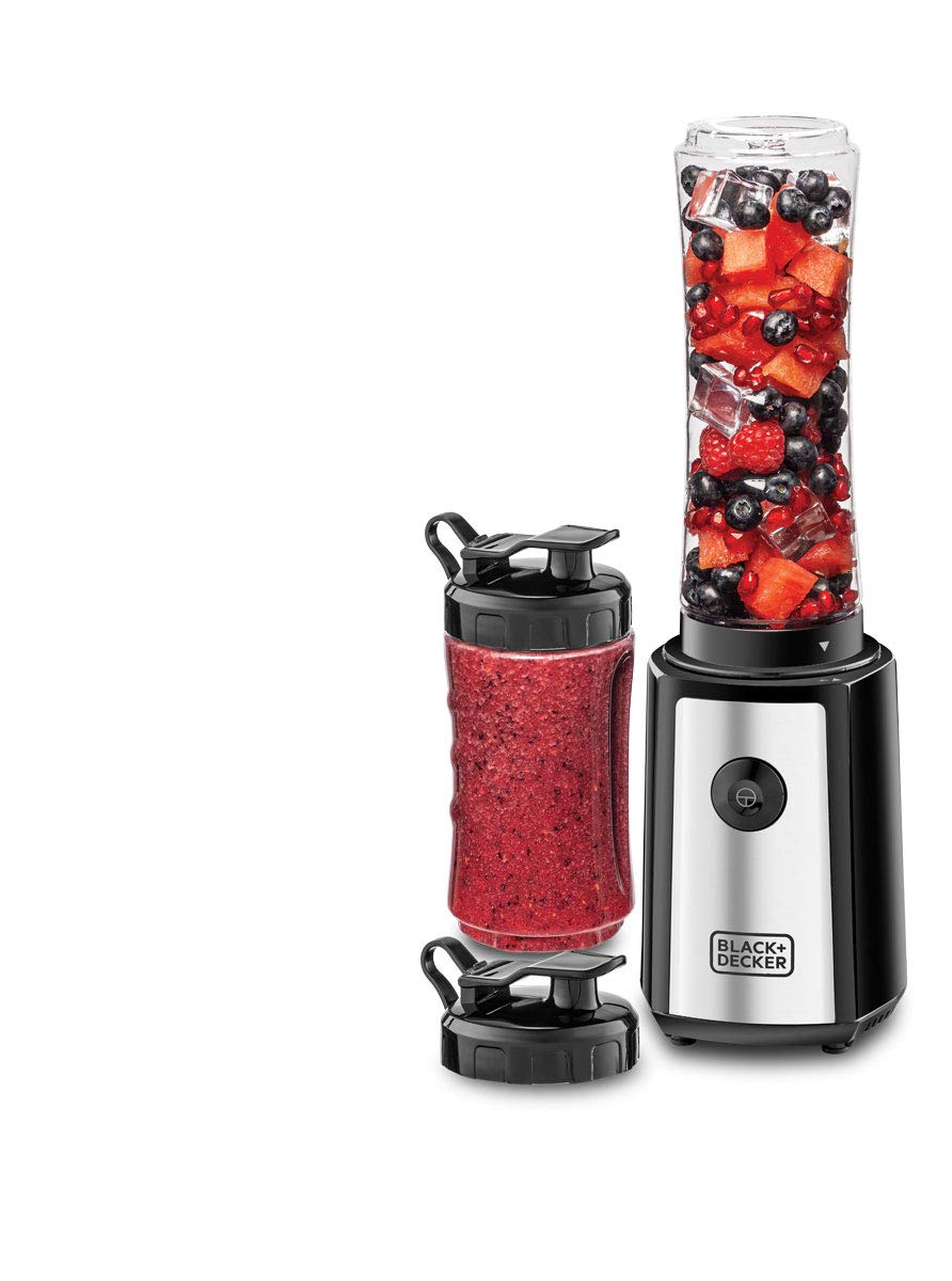 مخلوط کن و ساز Smoothie BLACK+DECKER، 300 وات، 6 قطعه با بطری ورزشی 500 میلی لیتری و 300 میلی لیتری، 21500 دور در دقیقه با سرعت توربو، تیغه‌های استیل برای خرد کردن یخ و میوه‌های منجمد، SBX300-B5 300W-Sports Blender