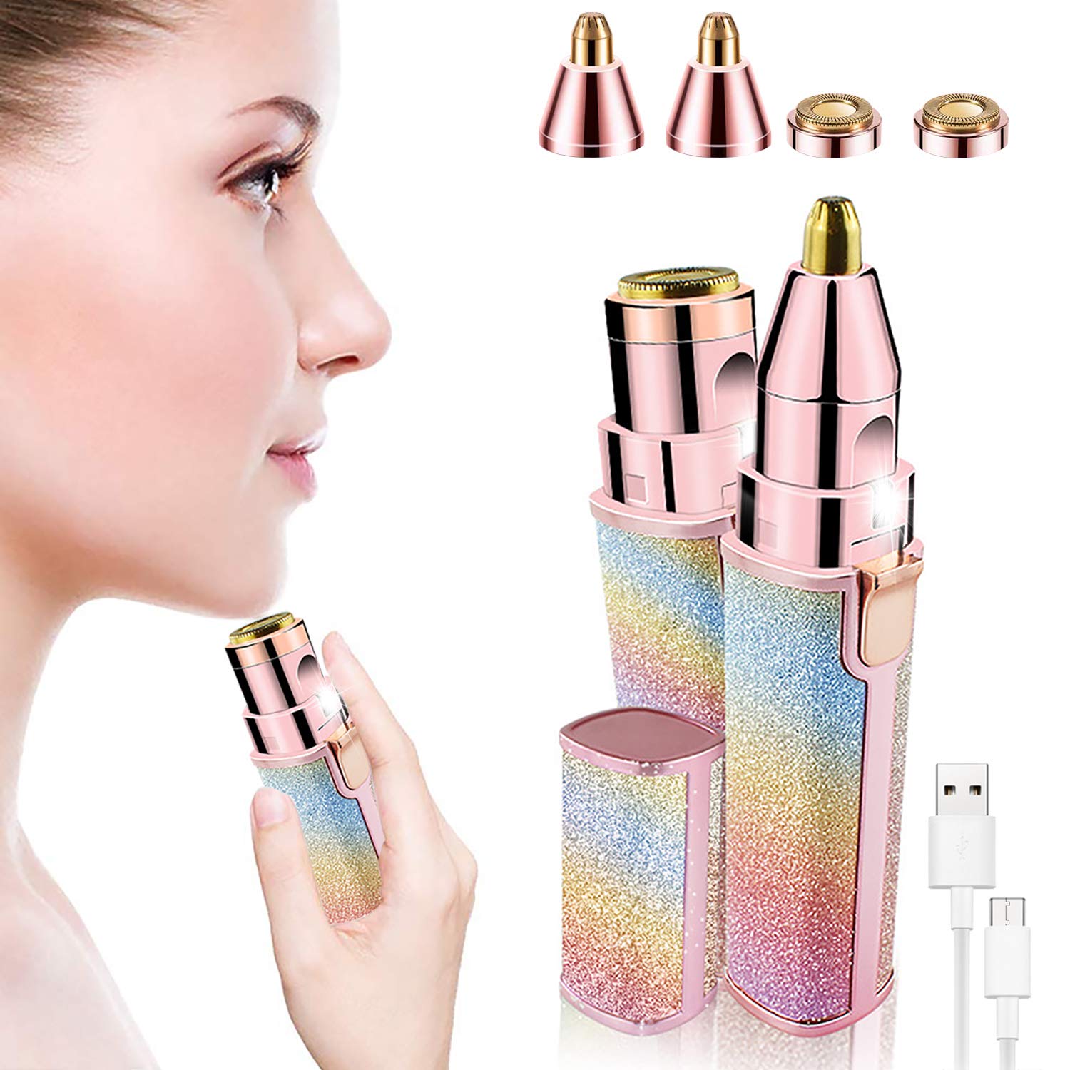 موجودی 2 در 1 برای اصلاح ابرو و حذف موهای صورت برای زنان، تیغه اصلاح قابل شارژ برای ابرو و حذف موهای بدون درد، تراش مو و تراش بدن برای لب، بینی و صورت با دو سر دیگر و چراغ LED