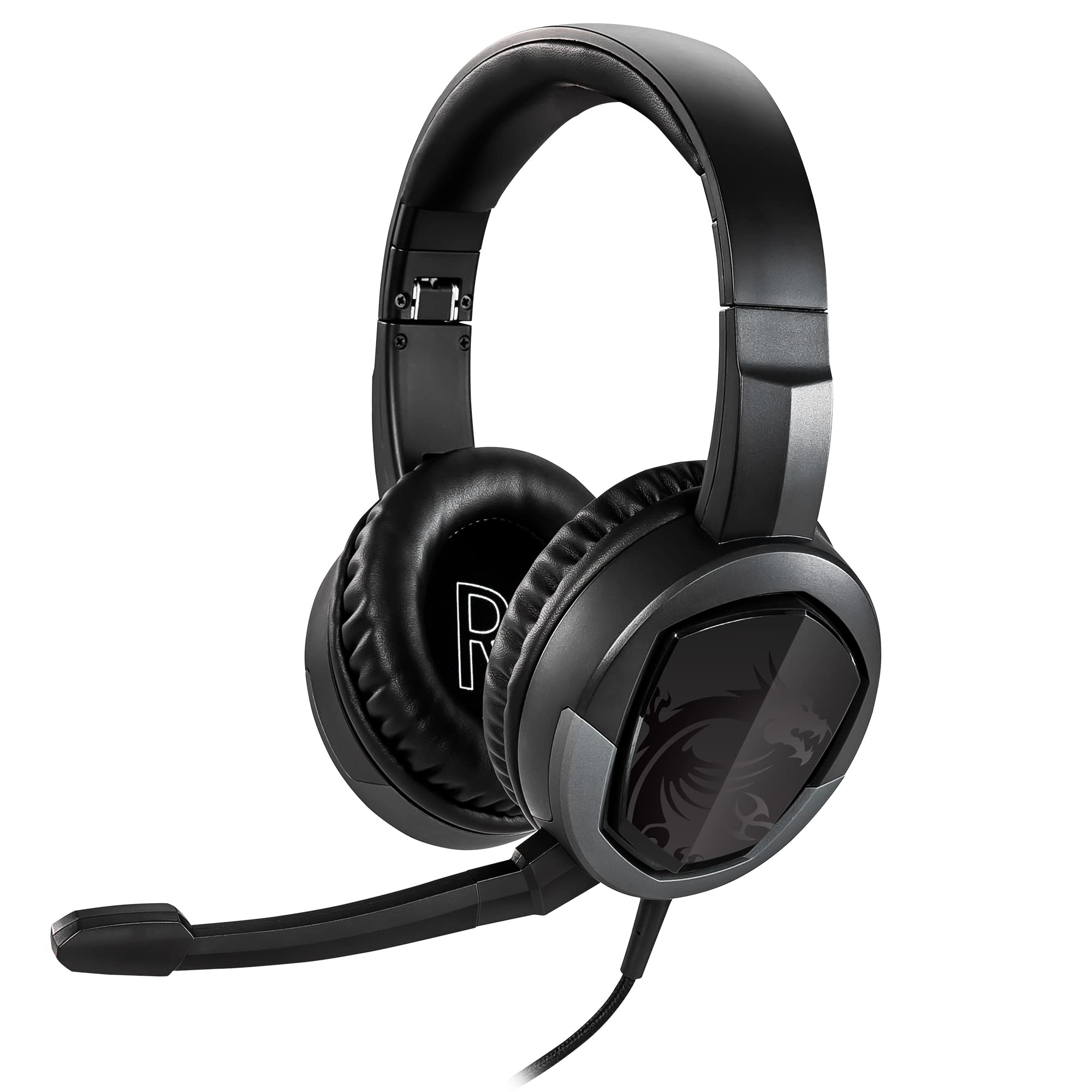 هدست گیمینگ MSI IMMERSE GH30 V2 سیاه با آیکون اژدها معروف، با کابل صوتی داخلی و متصل‌شونده با آکسسوری جداکننده، درایورهای 40 میلی‌متری، میکروفون قابل جداشدن، طراحی قابل جمع شدن آسان