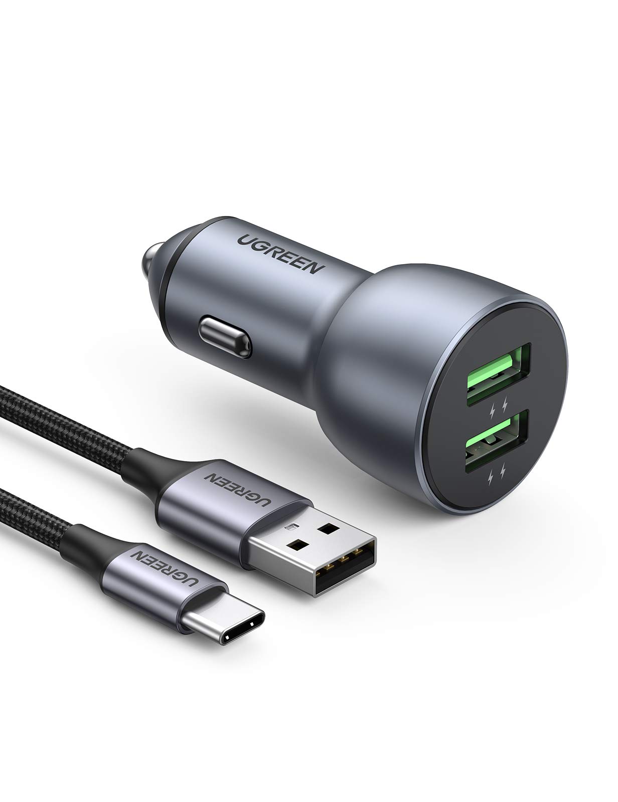 کارگر سریع یوگرین با کابل یو اس بی سی، شارژر خودرو QC 36W دو پورت USB شارژ سریع آداپتور برق خودرو آلومینیومی سازگار با سامسونگ گلکسی اس ۲۳/اس ۲۲/اس ۲۱/اس ۲۰/اس ۱۰ پلاس، وان‌پلاس ۱۱/۱۰، هواوی پی ۵۰/پی ۴۰، شیائومی و غیره