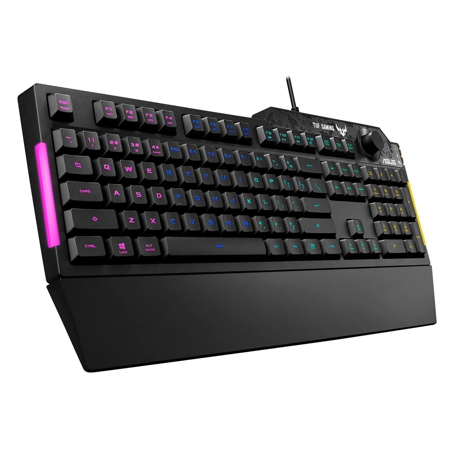 کیبورد RGB ASUS TUF Gaming K1، 5 منطقه RGB، سوئیچ‌های ممبرین، قابلیت ثبت 19 کلید در یک زمان، دکمه حجم اختصاصی، مقاومت در برابر ریزش مایعات، نوار نوری جانبی، ماکروهای قابل برنامه‌ریزی، رنگ مشکی [طرح UK] 100% - مدل مشکی ورودی