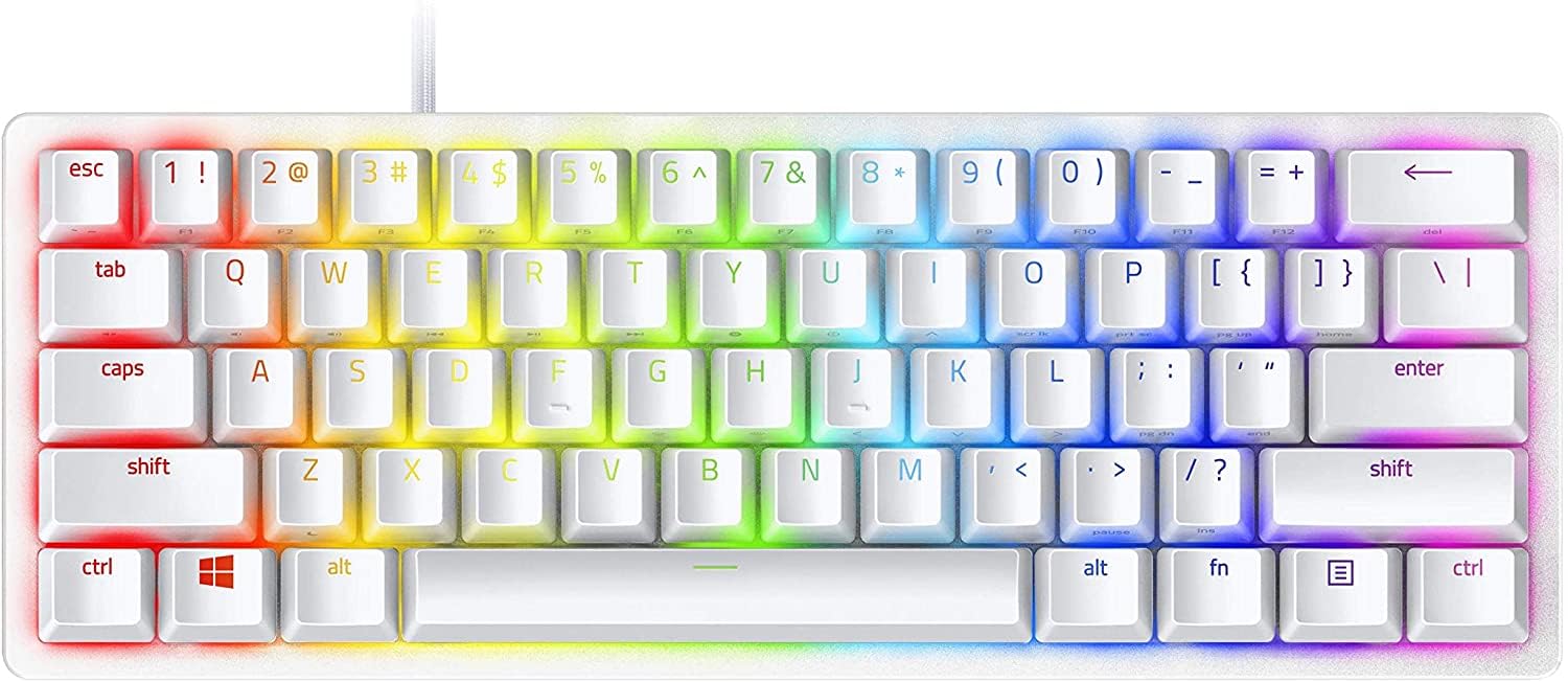 کیبورد گیمینگ ۶۰٪ ریزر Huntsman Mini با سوئیچ‌های اپتیکال کلیکی (بنفش)، نورپردازی Chroma RGB، کی‌کپ‌های PBT، حافظه داخلی - مدل Mercury White Huntsman Mini ۶۰٪ با سوئیچ‌های بنفش Mercury White - RGB