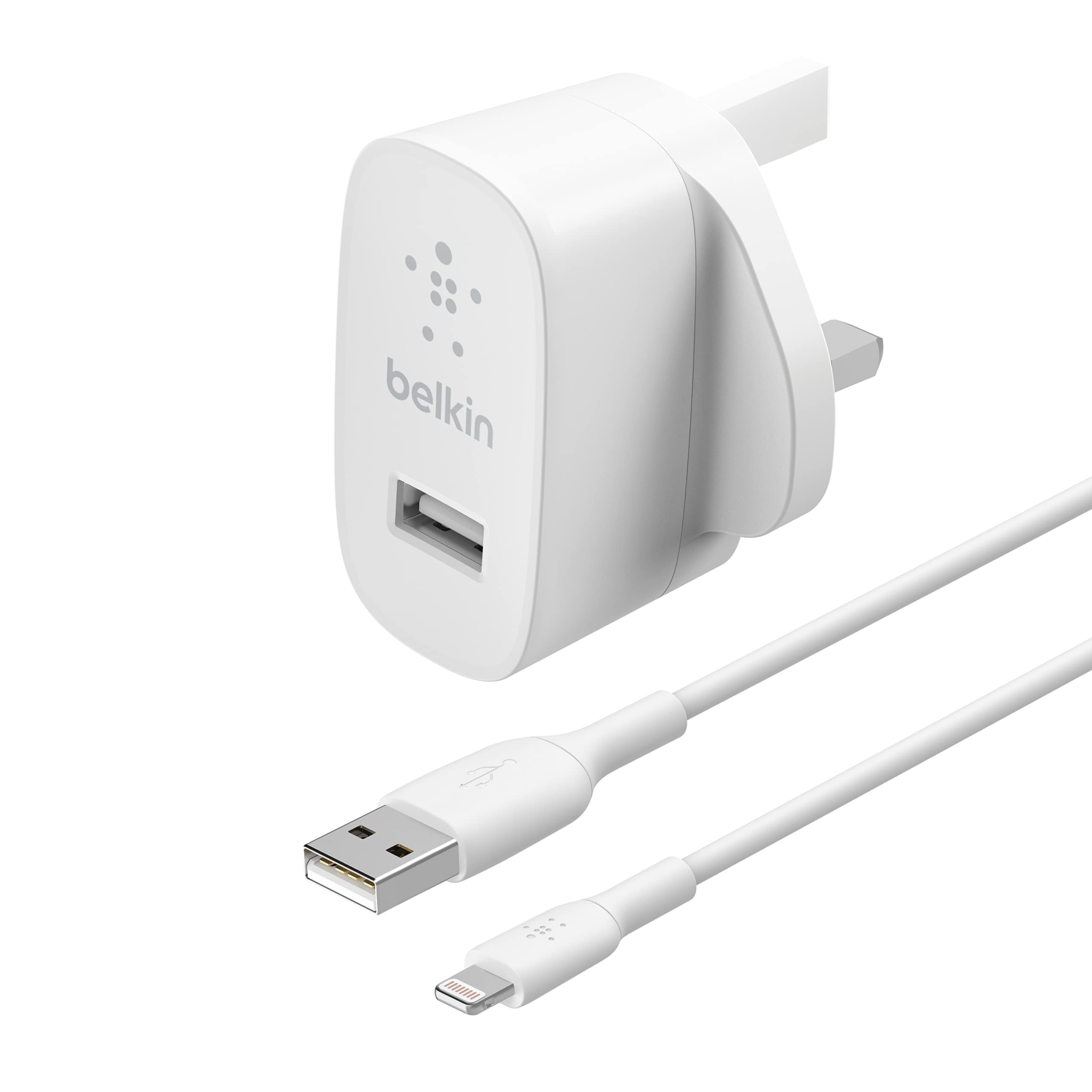 شارژر خانگی Belkin با کابل شارژ و هماهنگ‌سازی Lightning به USB 12 وات/2.4 آمپر، سازگار با هر دستگاهی که از کابل USB A استفاده می‌کند، WCA002my1MWH، 1 متر