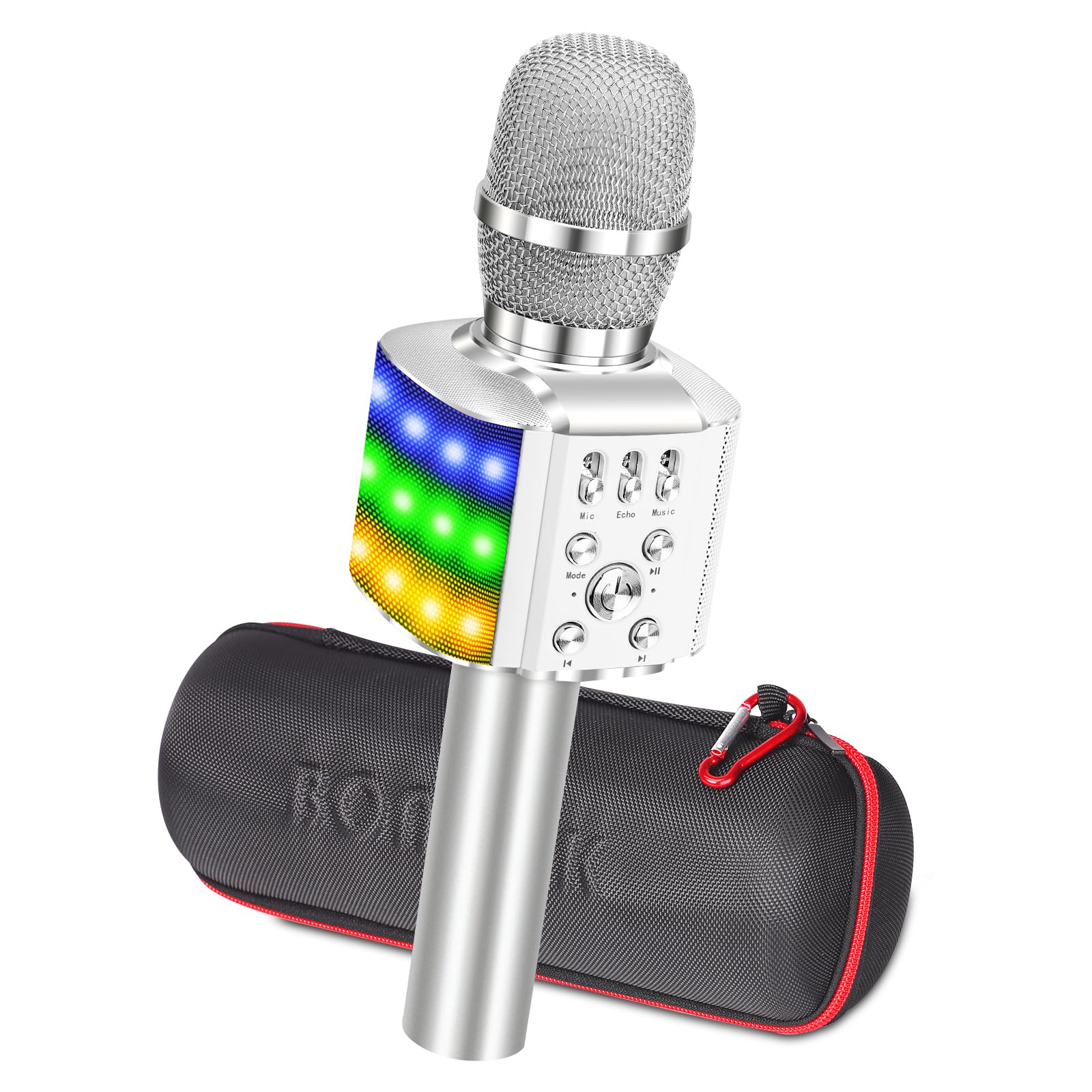 مترجم BONAOK به روز شده با میکروفون بلوتوثی وایرلس با چراغ‌های رنگارنگ LED، 4 در 1 ماشین کارائوکه بلوتوثی قابل حمل برای مهمانی‌های خانگی بلندگوی آیفون/اندروید/کامپیوتر شخصی (نقره‌ای) BK-027 نقره‌ای