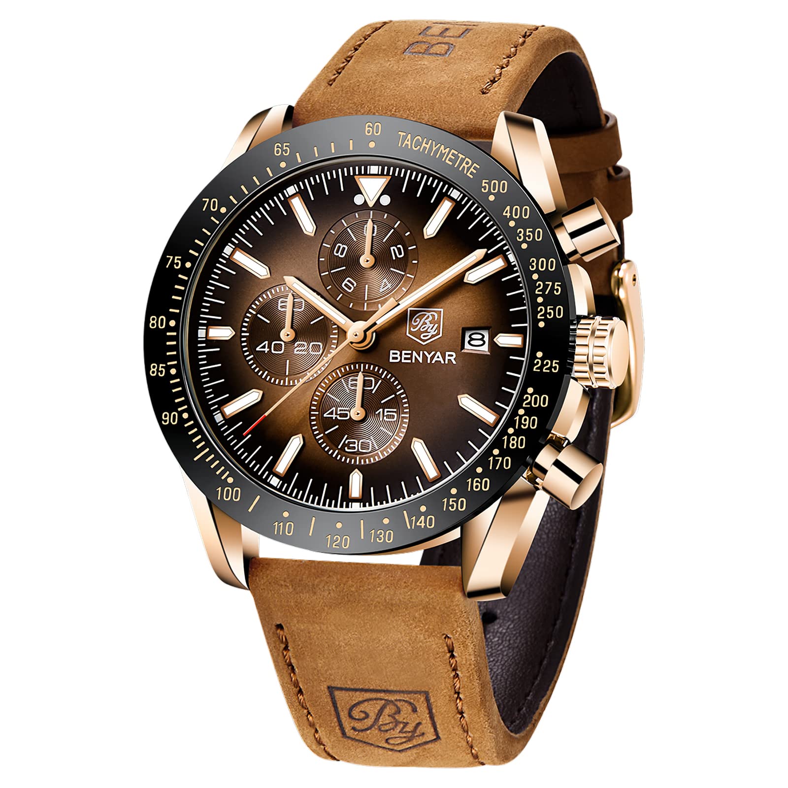 BY BENYAR Mens Watch 100M ضدآب کرونومتر تاریخ مچ‌بند چرمی بند قهوه‌ای ساعت کوارتز آنالوگ کسب و کار هدیه نامحدود برای مردان قهوه‌ای/طلایی