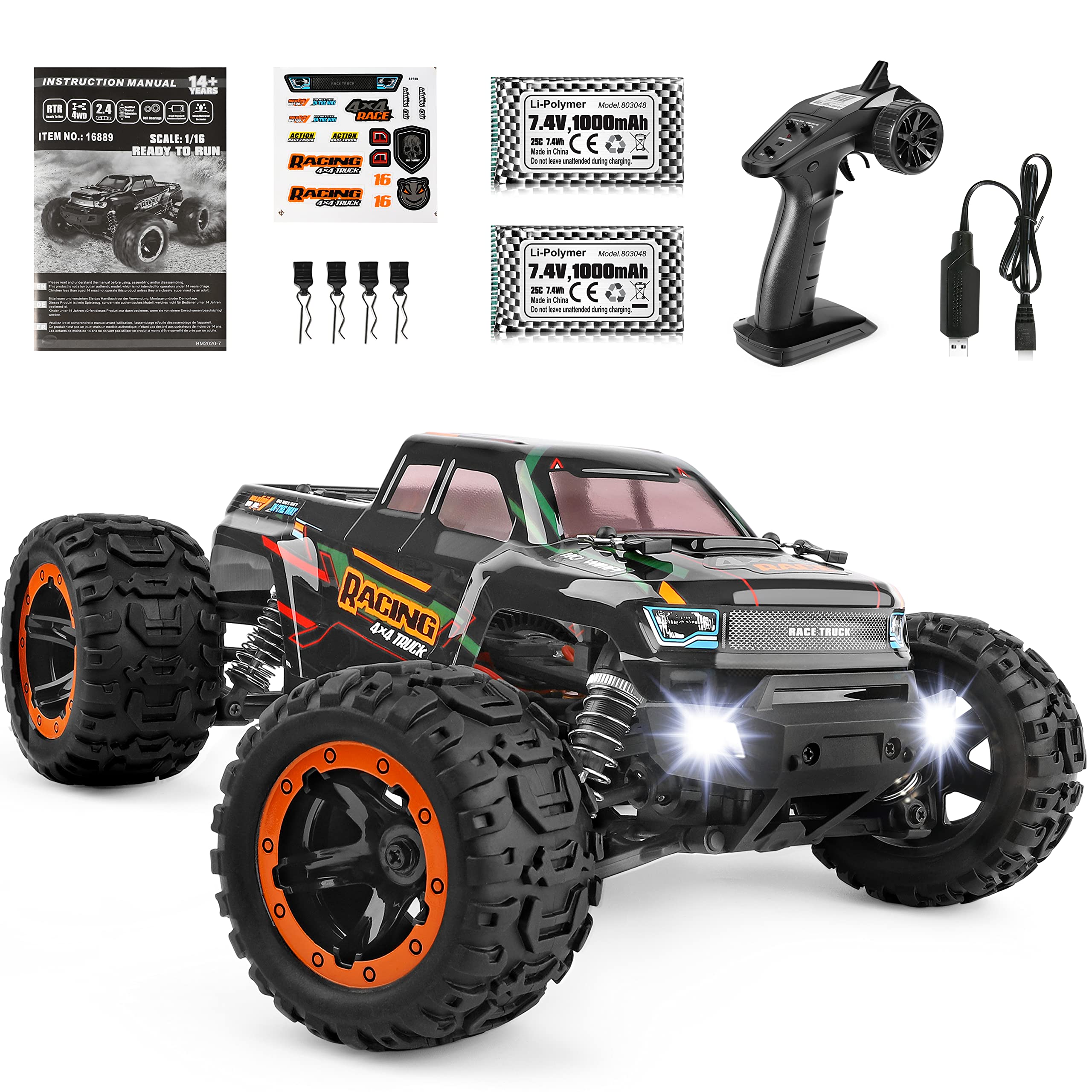 ماشین کنترل از راه دور HAIBOXING 16889، مقیاس 1:16، اتومبیل‌های RC 2.4 گیگاهرتز 4x4 Off Road Trucks، ضدآب RTR RC Monster Truck 36KM / H، اسباب بازی برای کودکان و بزرگسالان با 2 باتری 35+ دقیقه بازی