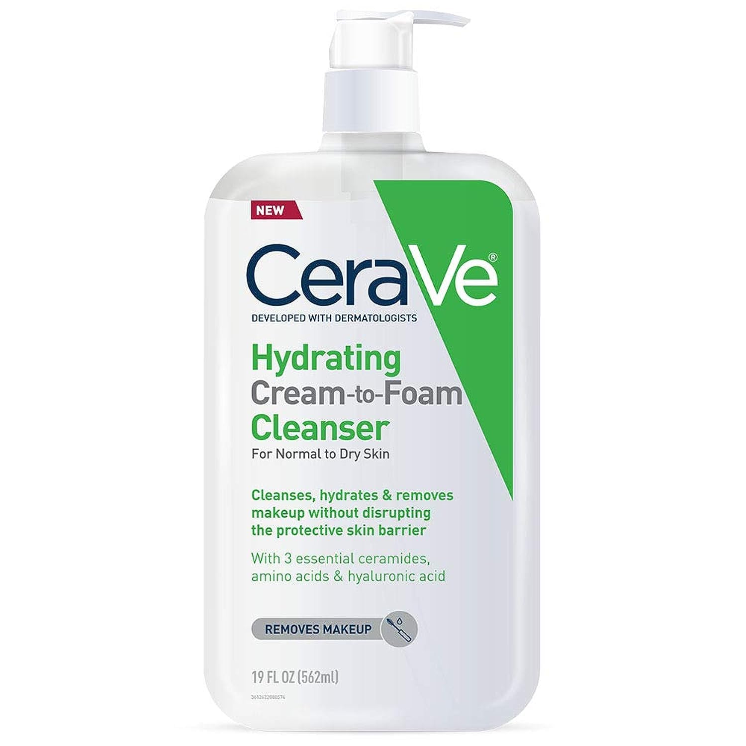 کرم تمیزکننده به‌پنبه تا کفویس CeraVe | اندازه 562 میلی‌لیتر، محصول 19 اونس (تک‌بسته)، تمیزکننده آرایش و صورت حاوی اسید هیالورونیک و بدون عطر | غیر کومدوژنیک