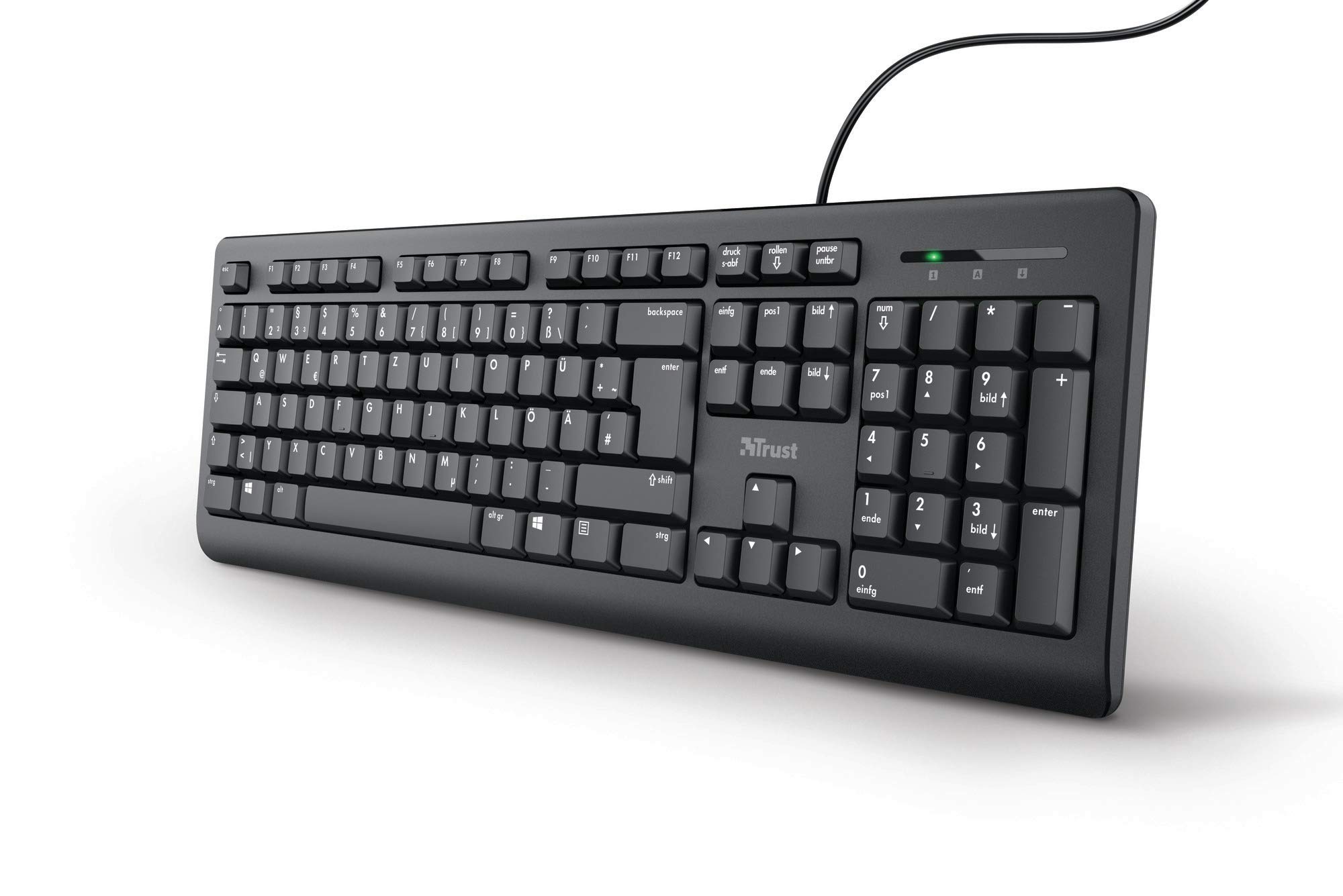 کیبورد سیمی تروست تارو - طرح آلمانی QWERTZ، کلیدهای ساکت، ضدآب، اتصال USB، ارگونومیک، طول کابل 1.8 متر، کامپیوتر/لپ‌تاپ، ویندوز/مک‌اواس - مشکی