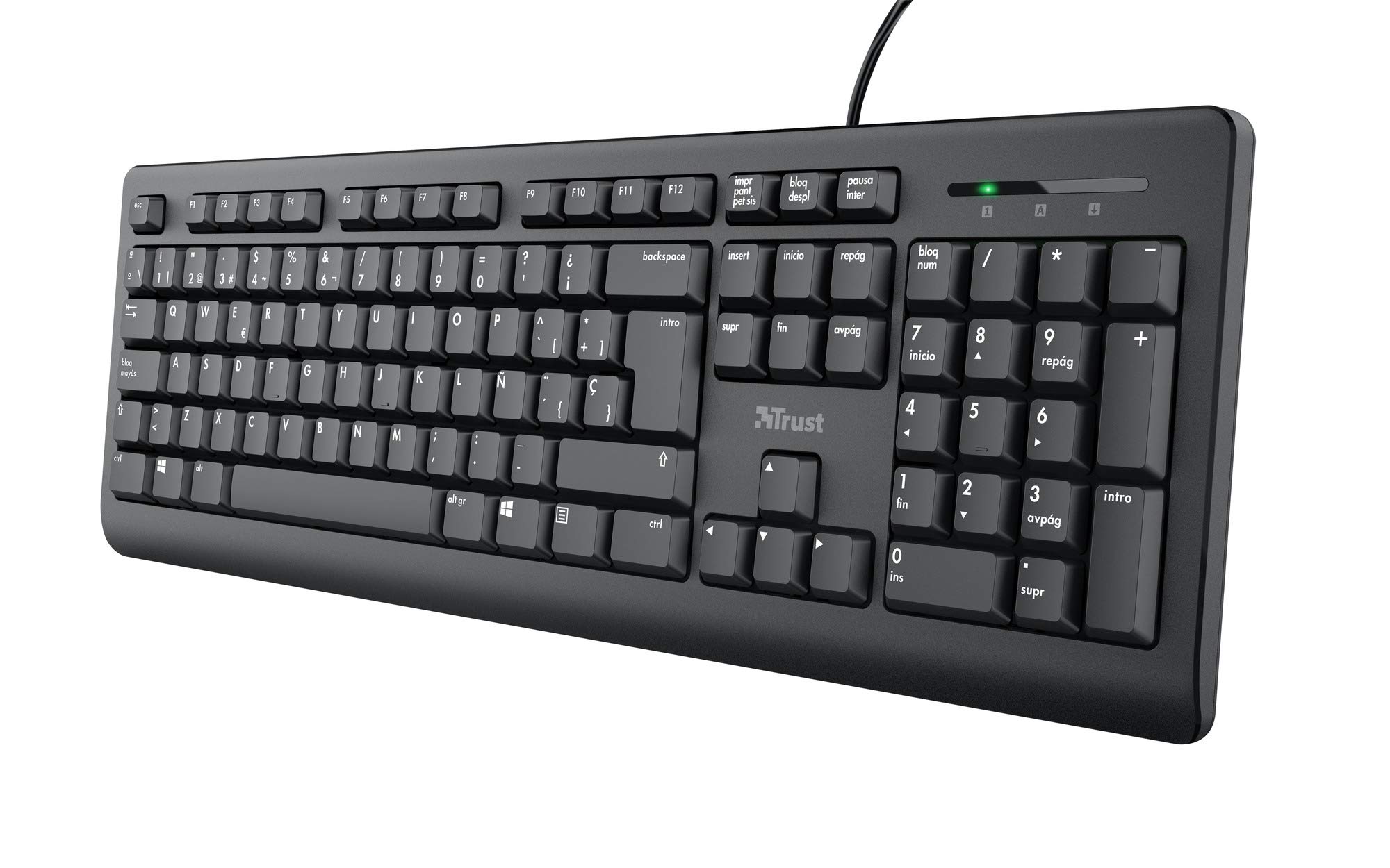 قابل اطمینان کیبورد تارو طرح QWERTY اسپانیایی برای ویندوز (دکمه‌های سایلنت، مقاوم در برابر ریزش مایعات، کابل ۱٫۸ متری، اتصال USB، کیبورد سیمی سیاه برای کامپیوتر/لپ‌تاپ)
