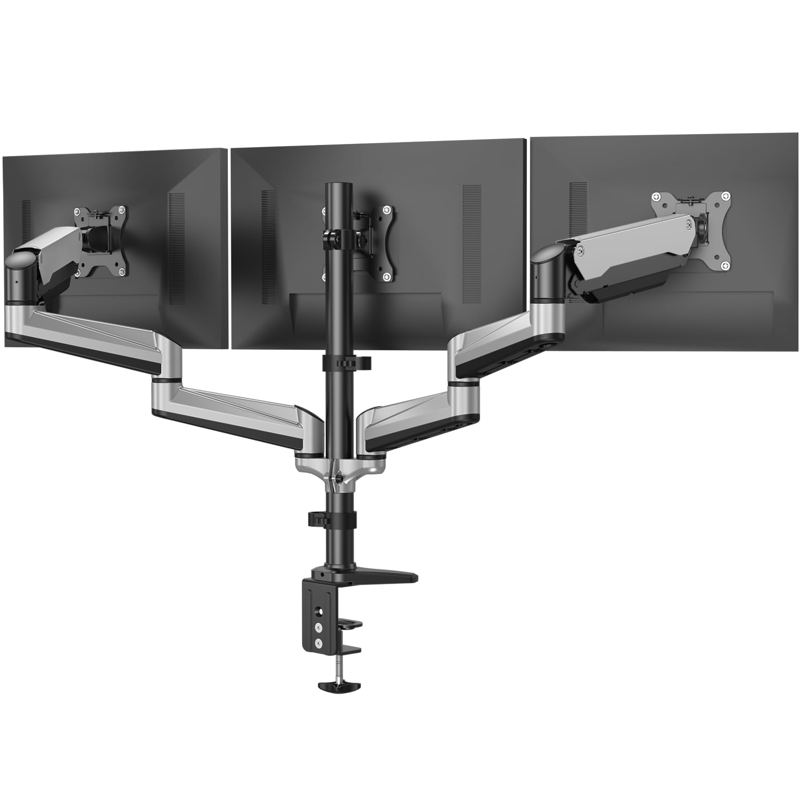 قدرتمند HUANUO Triple Monitor Stand برای صفحه نمایش های معمولی و خمیده 13-32 اینچ، بازوی تنظیم ارتفاع صفحه نمایش با ستون، نگهدارنده صفحه نمایش چند حرکته با چنگال گازی، ظرفیت وزن 8 کیلوگرم برای هر بازو رنگ نقره ای