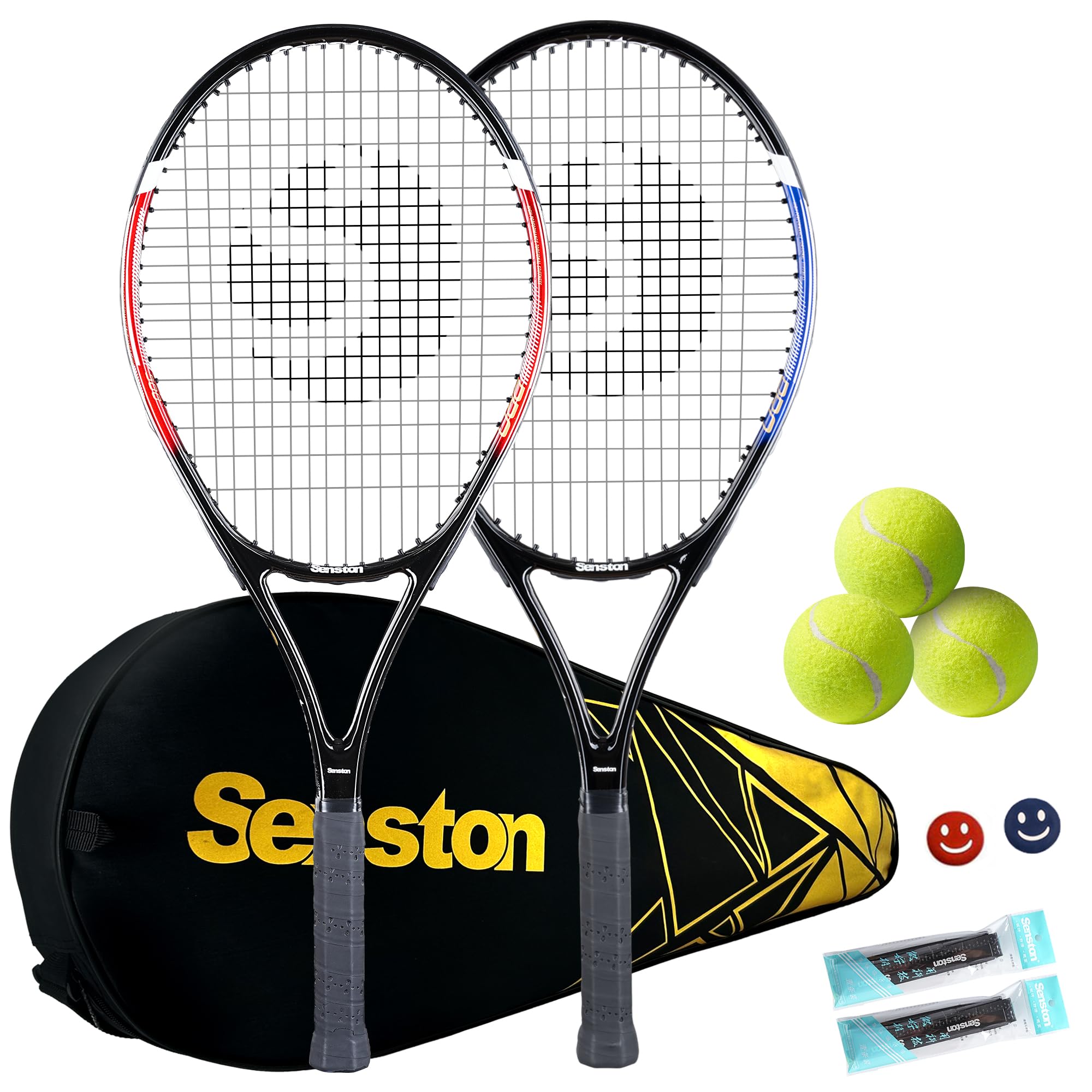 راکت تنیس Senston 23/27 اینچ راکت تنیس ، طراحی یک تکه راکت تنیس با کیف تنیس ، Overgrip آبی + قرمز (27 اینچ)