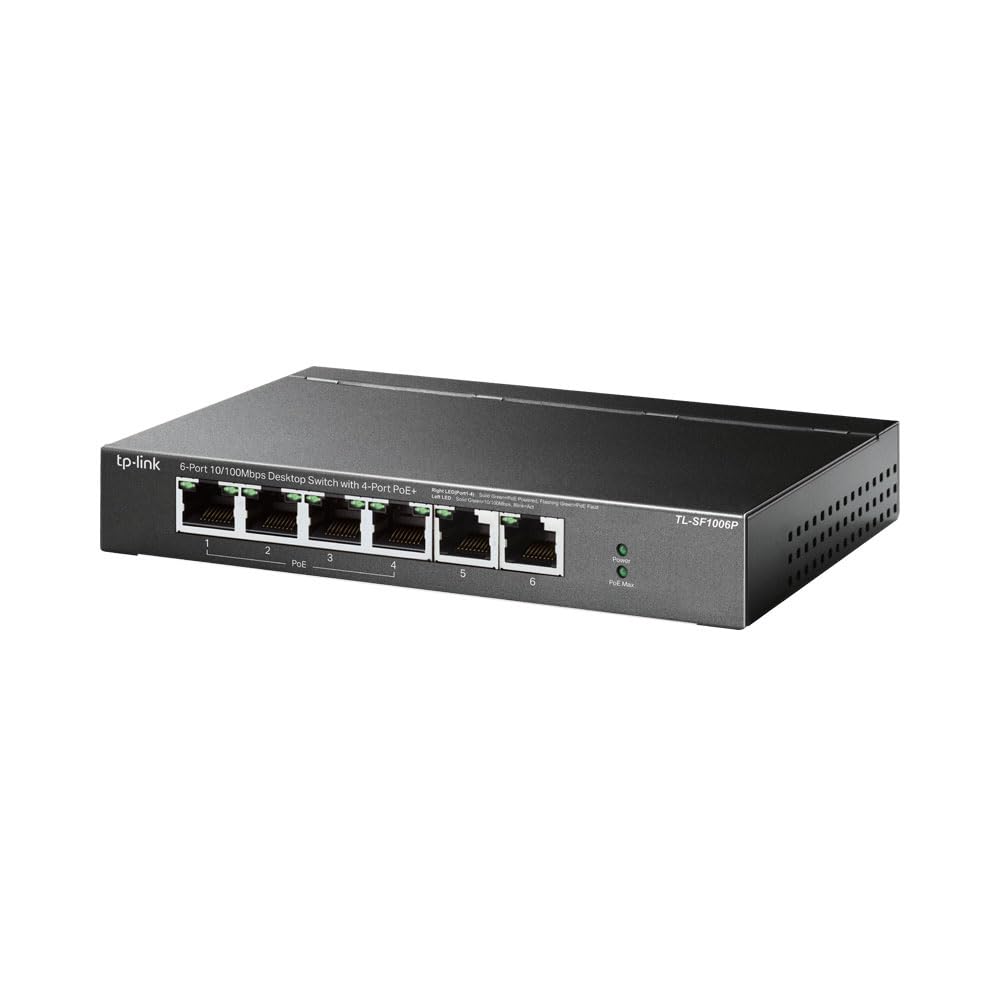 سوئیچ دسکتاپ TP-Link TL-SF1006P با 6 پورت 10/100Mbps با 4 پورت PoE+ با توان 67 وات، Plug & Play، بدنه فلزی مقاوم با پورت‌های محافظت شده، حالت تمدید، حالت اولویت‌دهی، حفاظت مادام العمر محدود