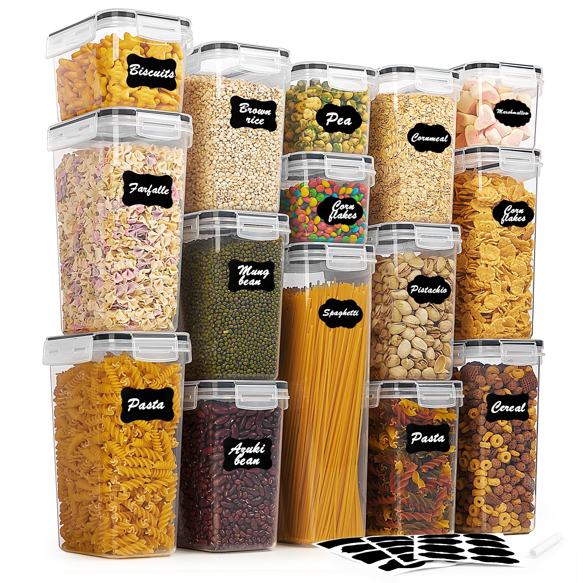 کنتینر ذخیره‌سازی غذای بادقت پلاستیکی Vtopmart 15 قطعه با درپوش، سیاه | ذخیره‌سازی و سازماندهی آشپزخانه، ذخیره‌سازی آشپزخانه، ایده‌آل برای صبحانه، اسپاگتی، آرد و شکر، بدون BPA، شامل 24 برچسب، 15 پک - 4 اندازه کنتینر معمولی.