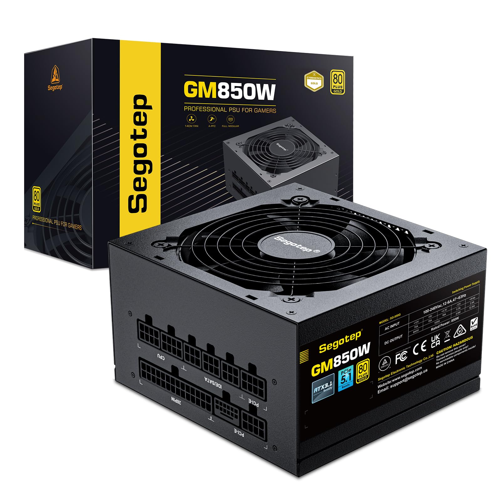 تغذیه‌کننده 850 وات Segotep، PCIe 5.0 و ATX 3.0 کاملاً مدولار 80 پلاس گلد مورد تأیید برای بازی PSU برای سری NVIDIA RTX 20/30/40 و کارت‌های گرافیک AMD، بدون خرابی و با کپاسیتور ژاپنی 105 درجه سانتی‌گراد سیاه 850 وات گلد