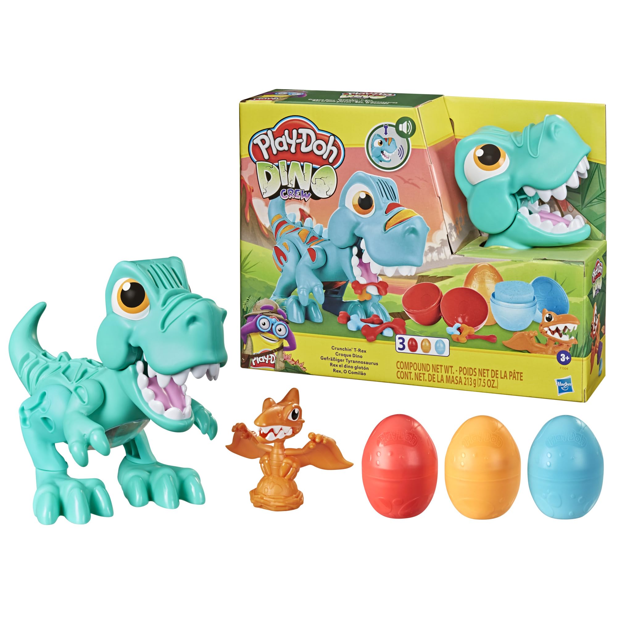 اسباب بازی Play-Doh Dino Crew Crunchin' T-Rex برای کودکان 3 سال و بالاتر با صداهای دایناسور و 3 تخم Play-Doh در بسته بندی استاندارد