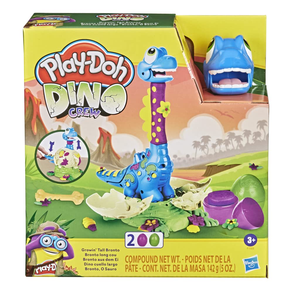 اسباب بازی داینوسورهای بچه با کیفیت بالا Play-Doh Dino Crew Growin' Tall Bronto برای کودکان 3 سال به بالا با 2 تخم مرغ Play-Doh با وزن 2.5 اونس هر کدام و با بسته‌بندی قابل بازیافت.