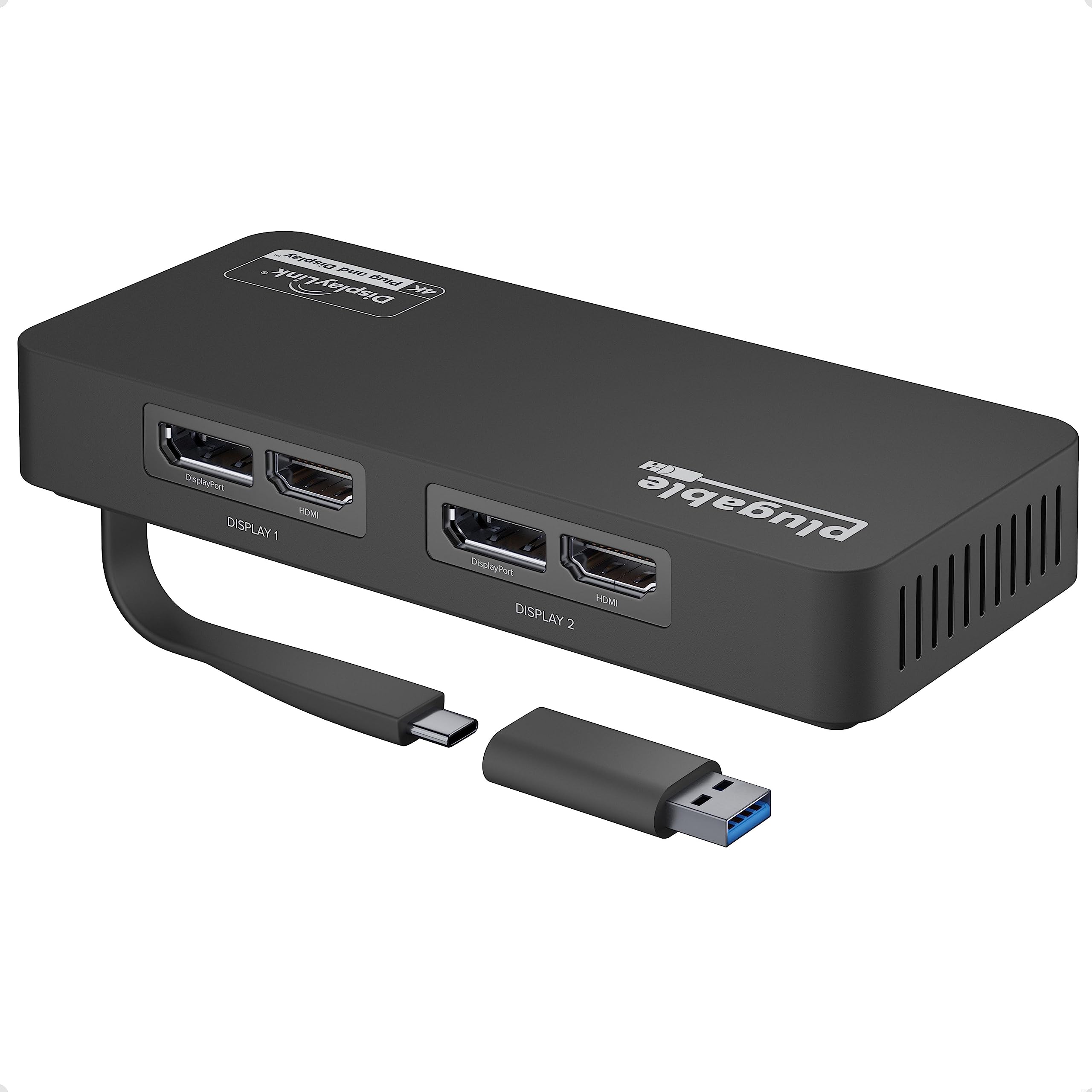 مبدل دو مانیتور 4K DisplayPort و HDMI Plugable برای USB 3.0 و USB-C، سازگار با ویندوز
