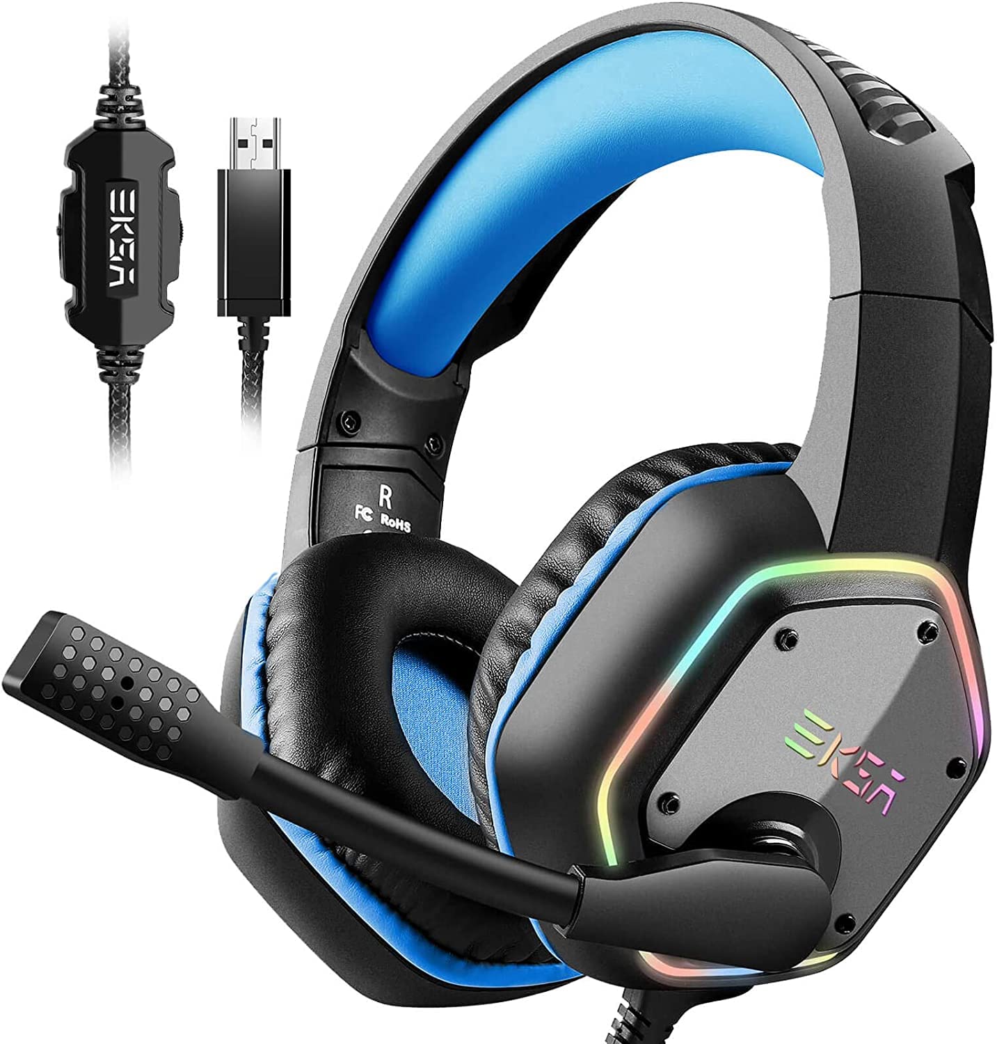 هدست بازی EKSA E1000، هدفون کامپیوتر با میکروفون حذف نویز و نور RGB، صدای فراگیر 7.1، سازگار با کامپیوتر، کنسول PS4 PS5، لپتاپ بازی آبی