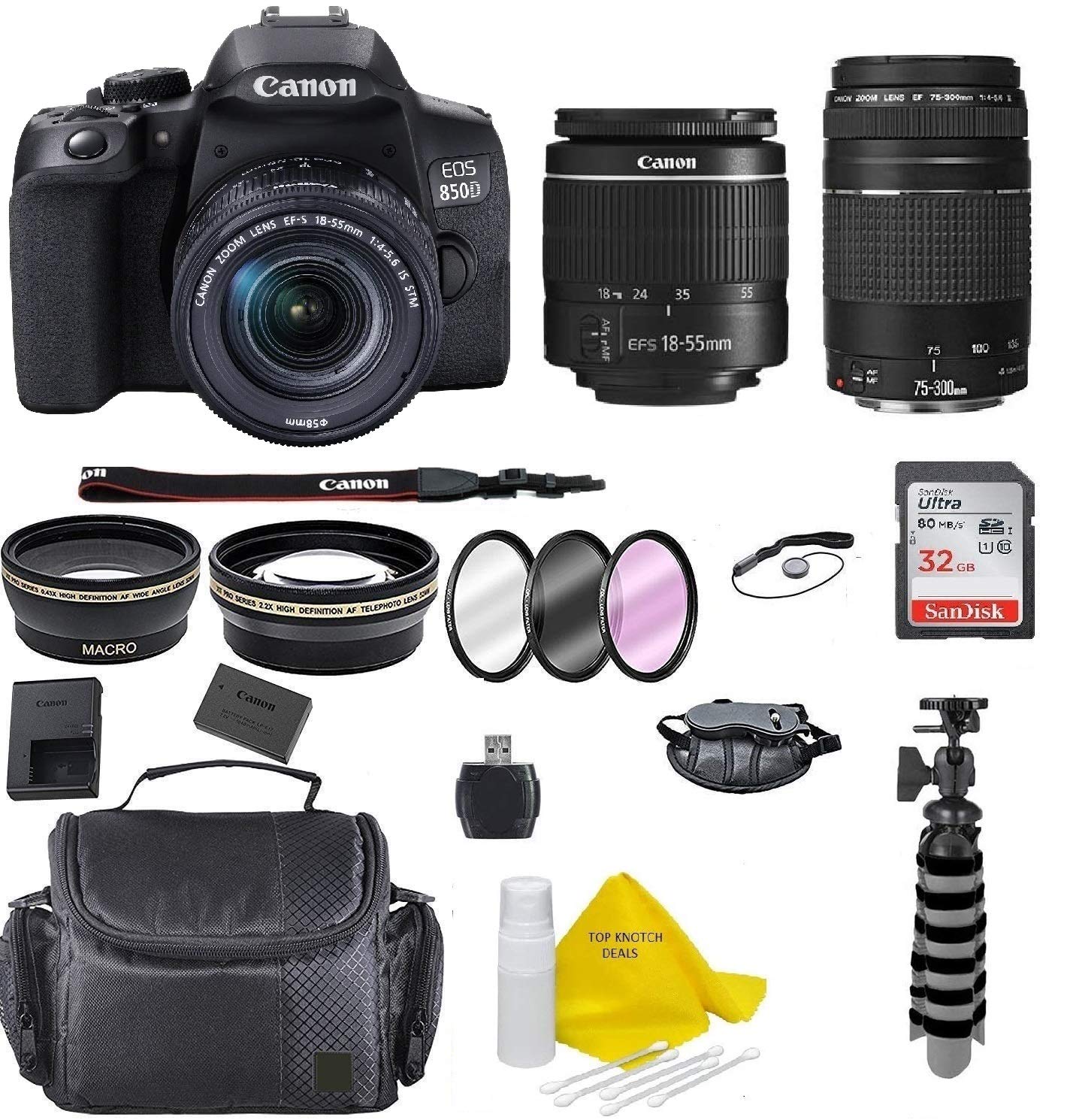 دوربین اس‌ال‌آر کنن 850D / T8i کانن با لنز زوم EF-S 18-55mm F/3.5-5.6 III + لنز EF-S 75-300 کانن + کیف + سه‌پایه کامل + 32 گیگابایت + و ... + پارچه معاملات تاپ‌ناچ (مدل بین‌المللی) ارائه ویژه