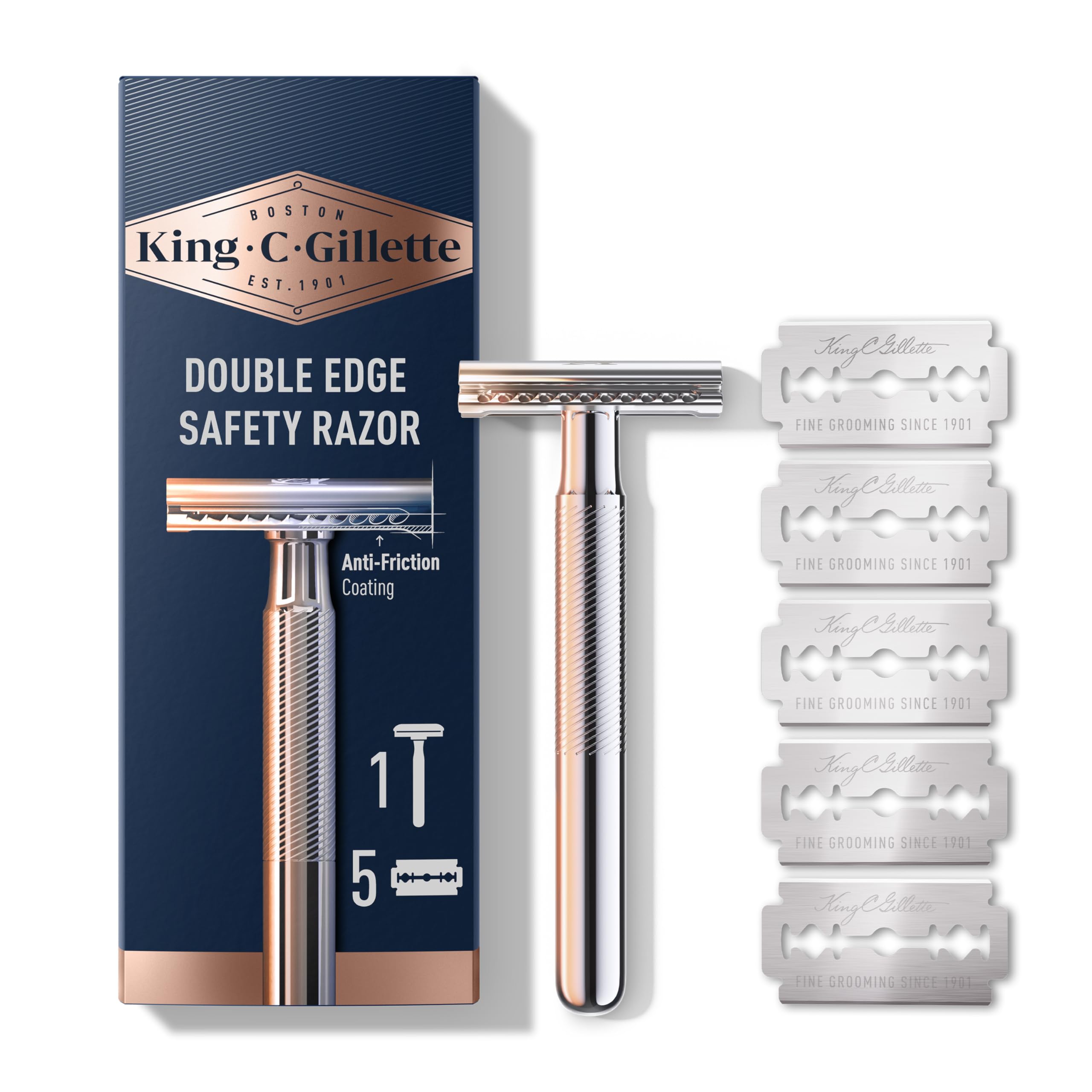 تیغ ایمنی King C. Gillette با دسته کروم پوشیده شده و 5 تیغه دو لبه پلاتین پوشیده شده بازپر کن + 5 عدد.