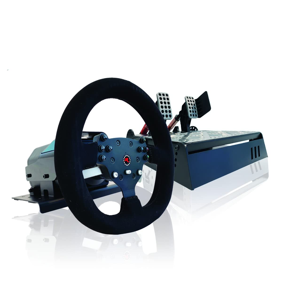 چرخ رانندگی با بازخورد قدرتمند GTR Simulator RS30 Ultra با پوشش چرم مخمل دارای تعویض دنده‌های فوری V3 با پایه فلزی قابل تنظیم و واکنش‌پذیر و 2 پدال برای کامپیوتر. چرخ RS30 همراه با 2 پدال V3 است.