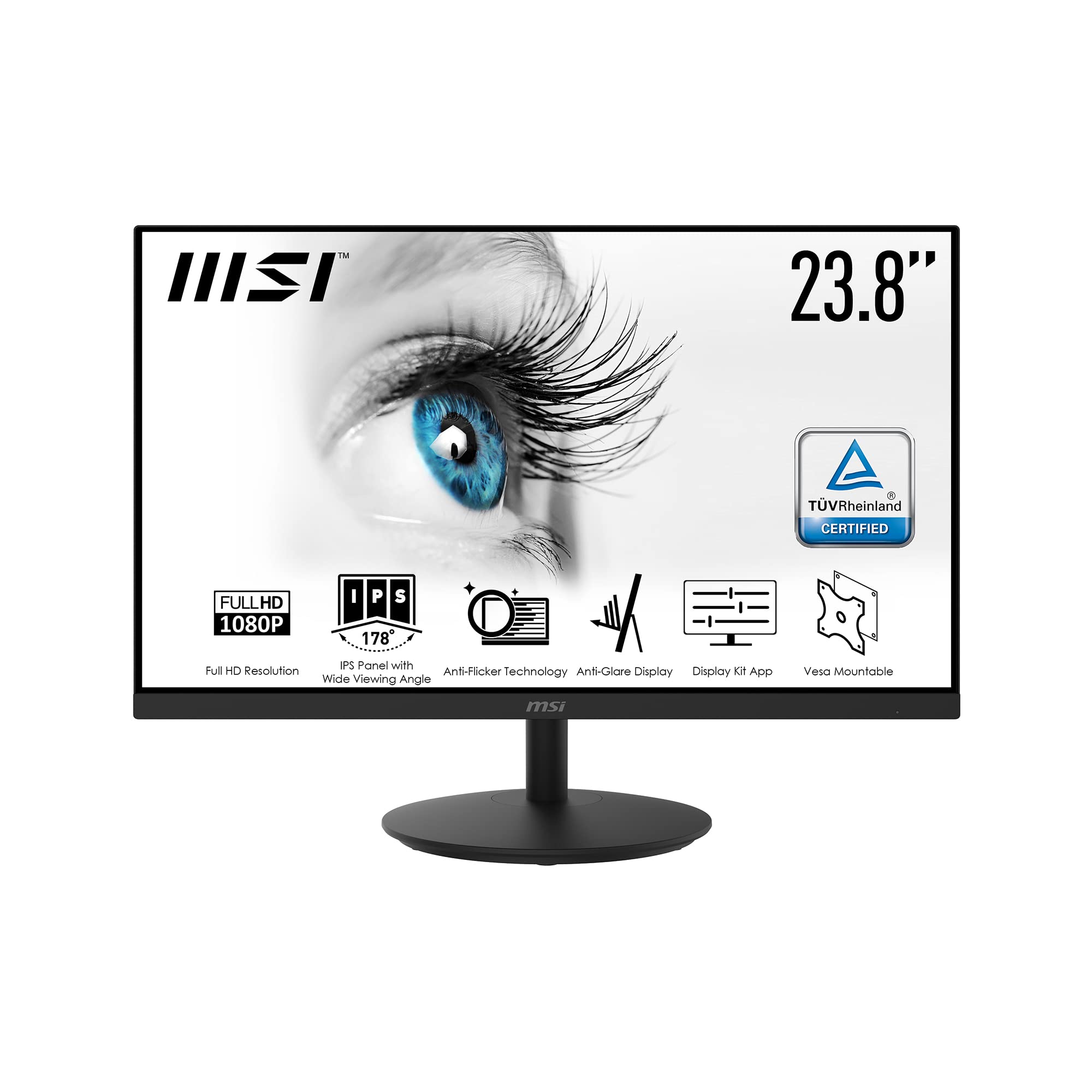 مانیتور MSI PRO MP242 23.8 اینچ، ثابت، FHD (1920 × 1080)، 75Hz، IPS، 5 میلی‌ثانیه، HDMI، VGA، بلندگوهای داخلی، ضدتابش، ضدبرق‌رفتگی، نور آبی کمتر، تایید شده توسط TÜV، VESA، کنزینگتون 24 "FHD / IPS