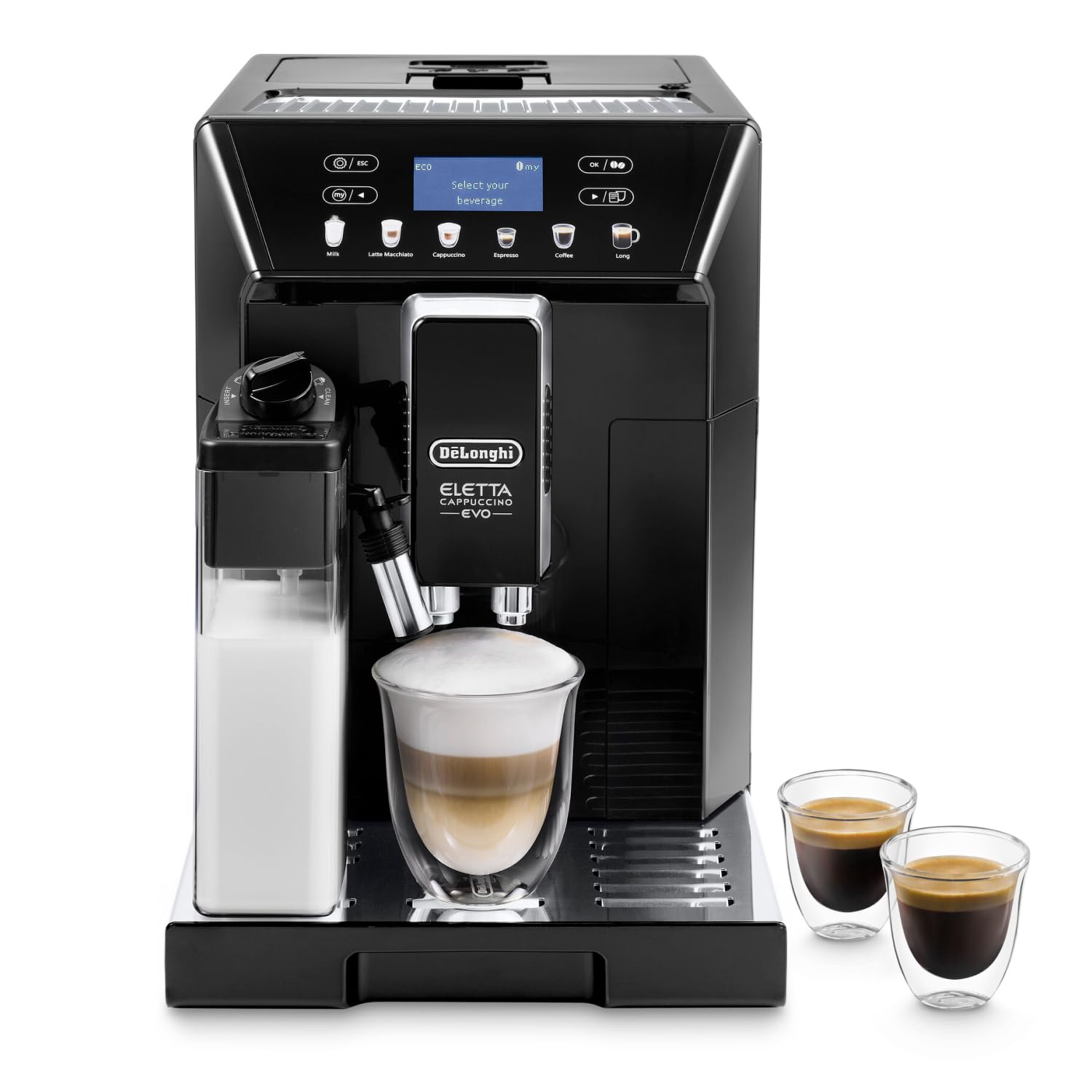 ماشین قهوه اتوماتیک De'Longhi Eletta Cappuccino Evo ECAM 46.860.B (مشکی) | با دستگاه کرم‌زنی شیر | دارای آسیاب قهوه یکپارچه | صفحه نمایش LCD | دکمه‌های لمسی نرم | ساخت ایتالیا
