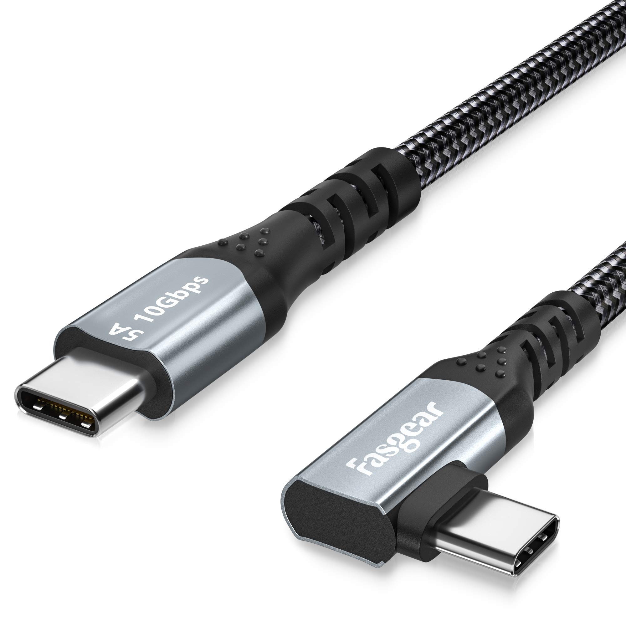 کابل 100 واتی USB-C Fasgear با تراشه E-Marker، 3 فوت 90 درجه 5 آمپر تحویل برق USB 3.1 ژن 2 نوع C تا C 10 گیگابیت در ثانیه انتقال داده شارژ سریع، سازگار با گوگل پیکسل 4 و 3، مک‌بوک، پیکسل‌بوک، S20، رنگ مشکی 3 فوت مشکی