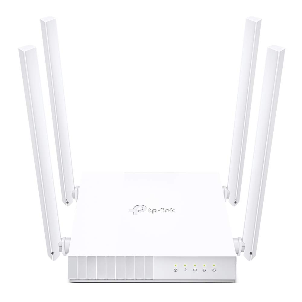 ریزر AC750 Wi-Fi مدل Archer C24 از TP-Link، روتر بی‌سیم دو باندی با 4 آنتن خارجی، کنترل والدین چند حالته 3 در 1، رنگ سفید است.