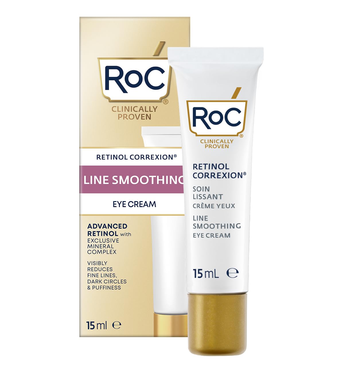 کرم چشم Roc Retinol Correxion Line Smoothing با اسموتینگ، تراشیدگی‌های خطوط را کاهش می‌دهد و پف چشم و حلقه‌های تیره را به صورت قابل رویت کاهش می‌دهد، جلوگیری از چین و چروک و پیری 15 میلی‌لیتر (بسته‌بندی 1 عدد)