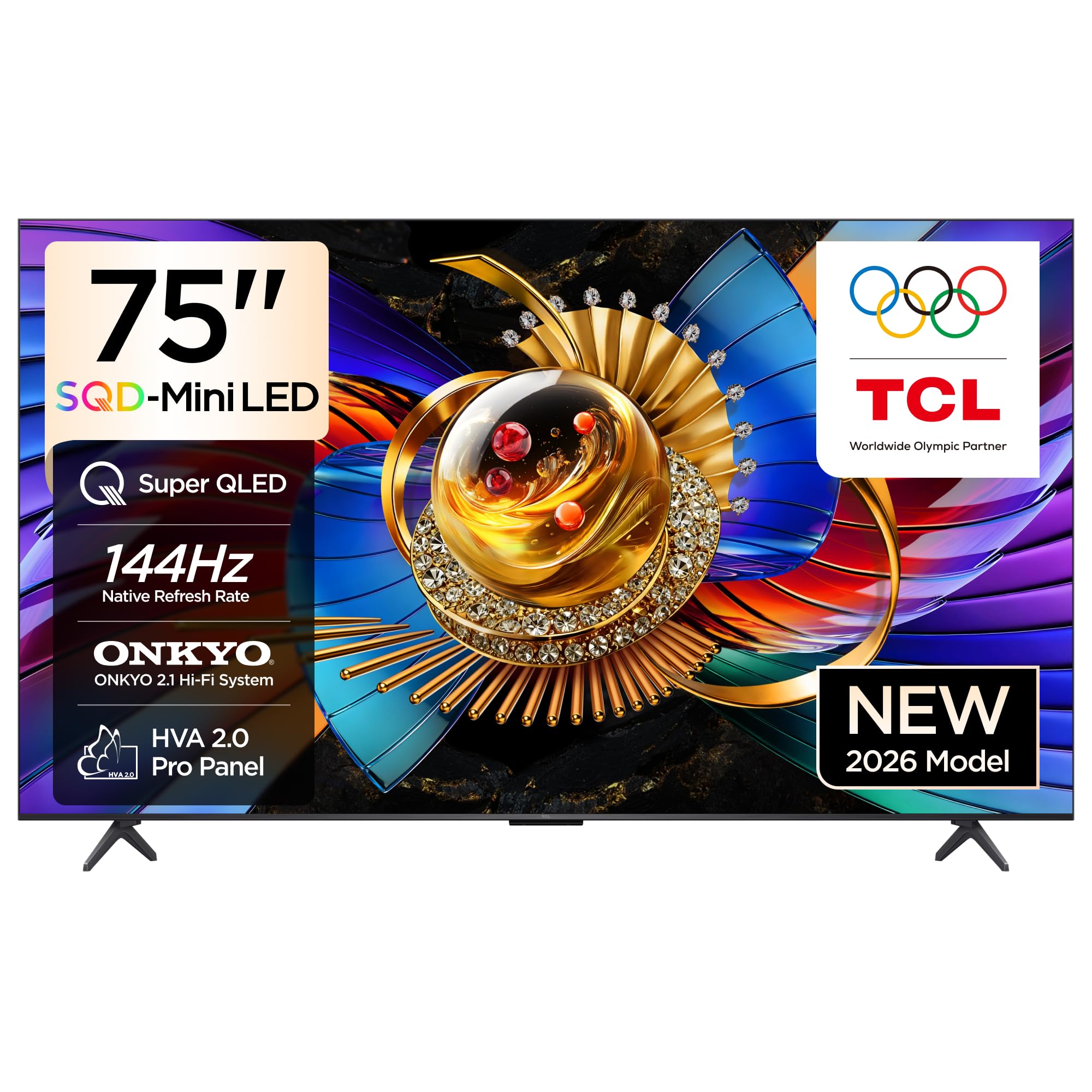 تلویزیون TCL 75Q7D Pro با صفحه نمایش 75 اینچ، یک تلویزیون هوشمند 4K با فناوری SQD-Mini LED، کیفیت رنگی فوق العاده Quantum High HDR Gaming Google TV، نرخ تازه‌سازی طبیعی 144Hz، سیستم صوتی ONKYO 2.1 Hi-Fi، Dolby Atmos، Game Master (مدل 2026) با صفحه نمایش 75 اینچ، فناوری SQD-Mini LED با شدت نور 2,000 نیت.