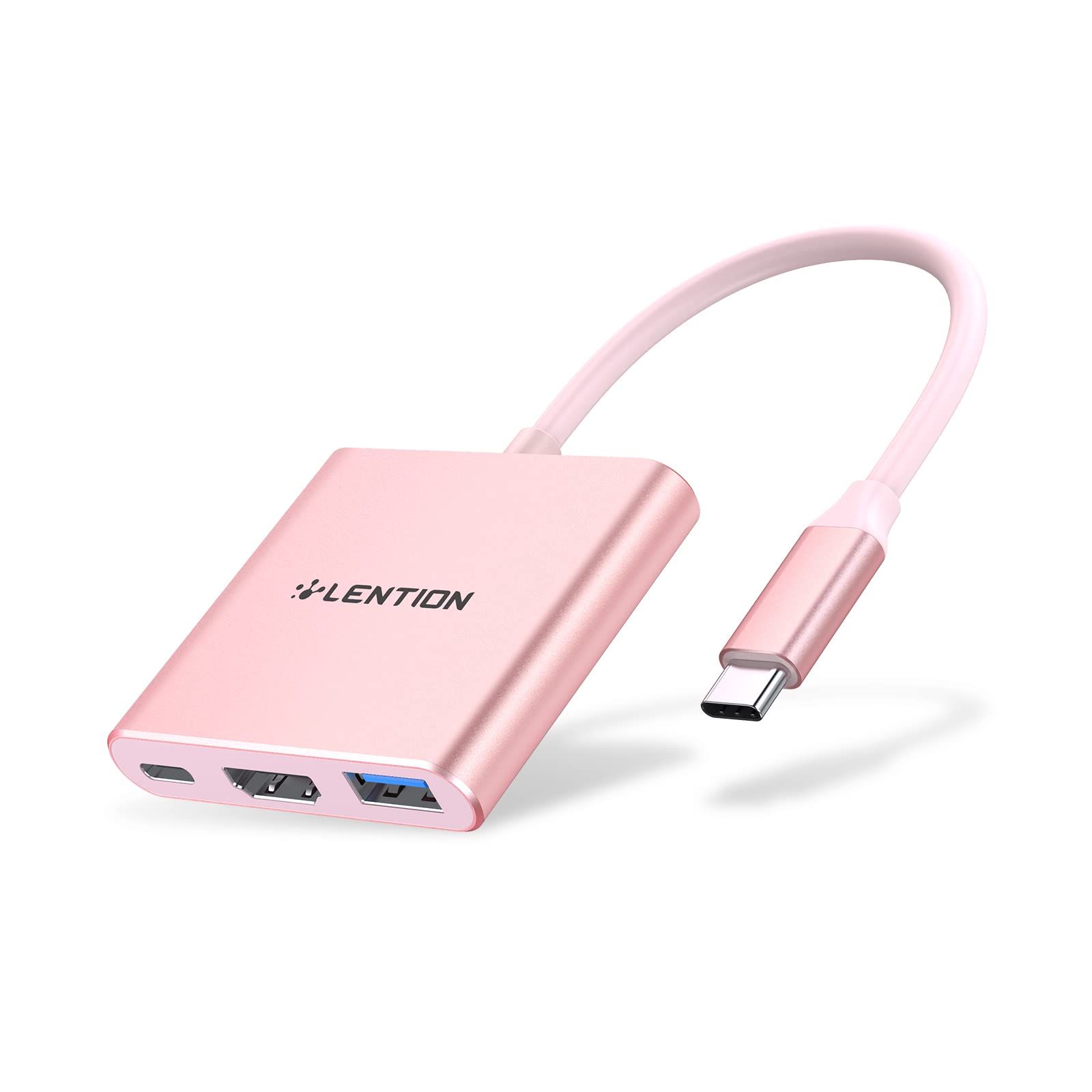 هاب USB C سه‌کاره LENTION با پشتیبانی از توان 100 وات از نوع C، پورت USB 3.0 و آداپتور HDMI 4K، سازگار با مک‌بوک پرو 2023-2016، مک‌بوک ایر جدید، سرفیس و دیگر دستگاه‌ها، با درایور استون. (مدل CB-C14، رزگلد)