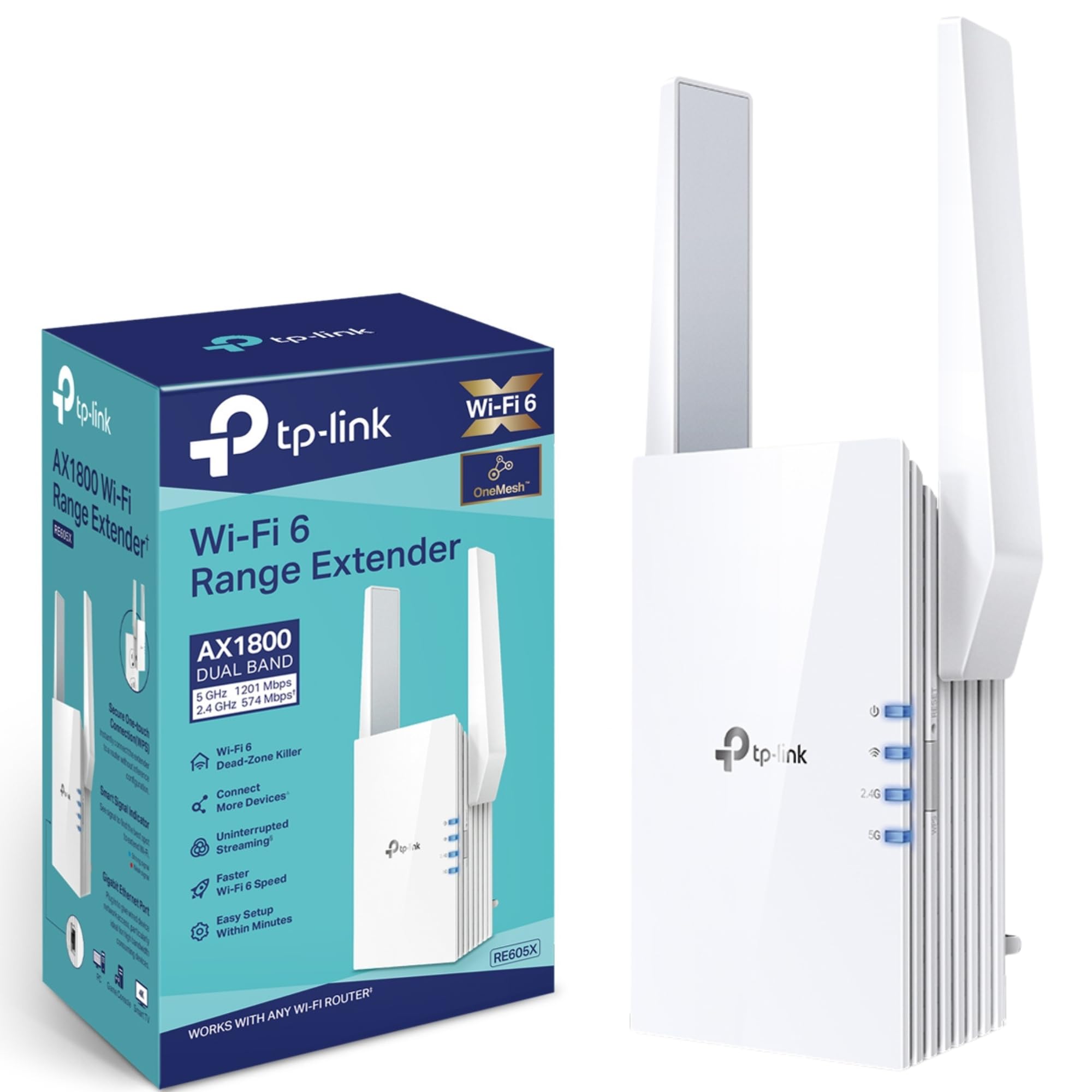 TP-Link RE605X AX1800 تقویت کننده محدوده Wi-Fi 6، سرعت سریع 1800Mbps، دو باند، حالت سرعت بالا، پورت گیگابیت، حالت نقطه دسترسی، کار می‌کند با هر روتر Wi-Fi، تقویت کننده Premium Wi-Fi 6 AX1800