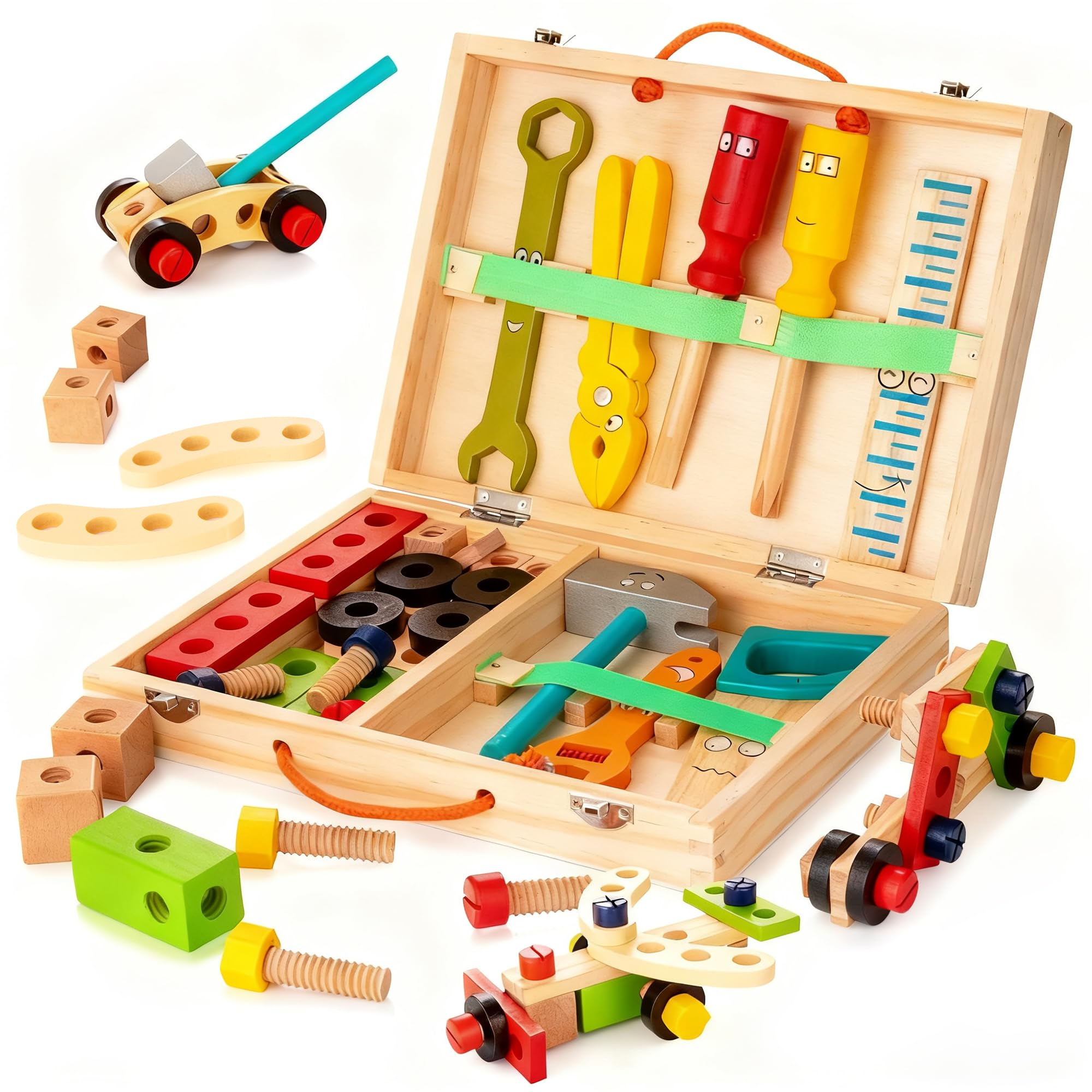جعبه ابزار کودکان KIDWILL، جعبه ابزار چوبی با مجموعه ابزار ساخت و ساز خلاق DIY آموزشی (بسته 33 تایی) چند منظوره