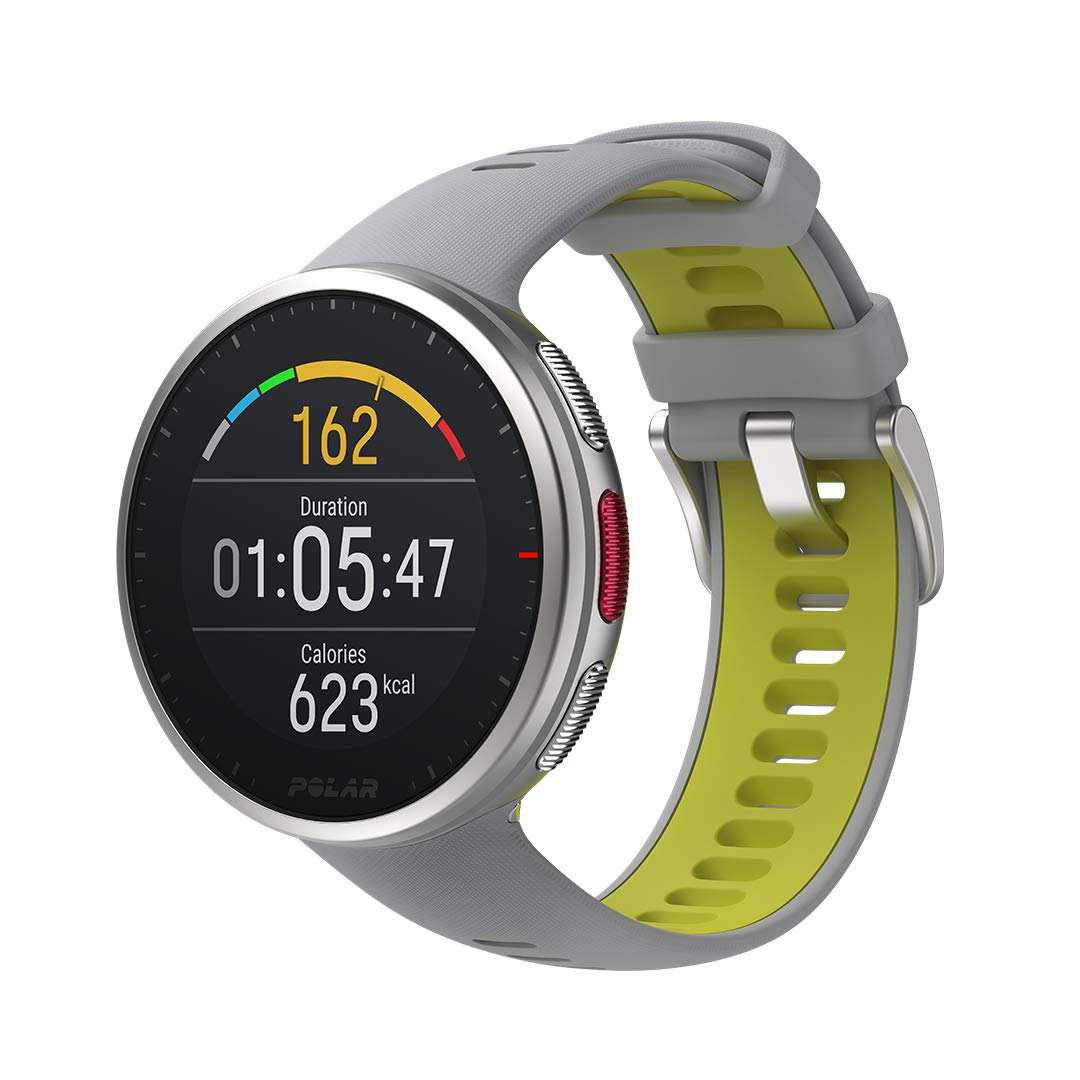 ساعت هوشمند چندریاهه Polar Vantage V2 - Premium با GPS, سنجش ضربان قلب مبتنی بر مچ دست برای دویدن، شنا، دوچرخه‌سواری، تمرینات قدرتی - کنترل موزیک، وضعیت آب و هوا، اعلان‌های تلفن خاکستری/لیمویی کم‌حجم
