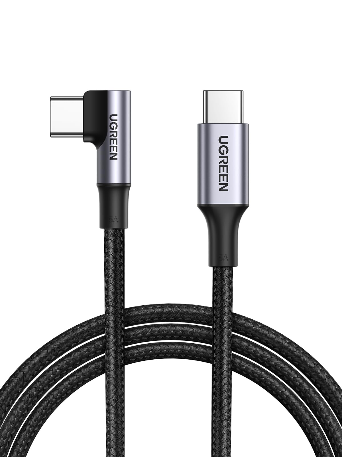 UGREEN کابل USB C به USB C زاویه دار 3M 100W 5A PD شارژ سریع نوع 90 درجه قدرت داده سازگار با آیفون 16، مک بوک پرو / ایر، آیپد پرو، سامسونگ S25/24/ultra، هواوی لنوو دل