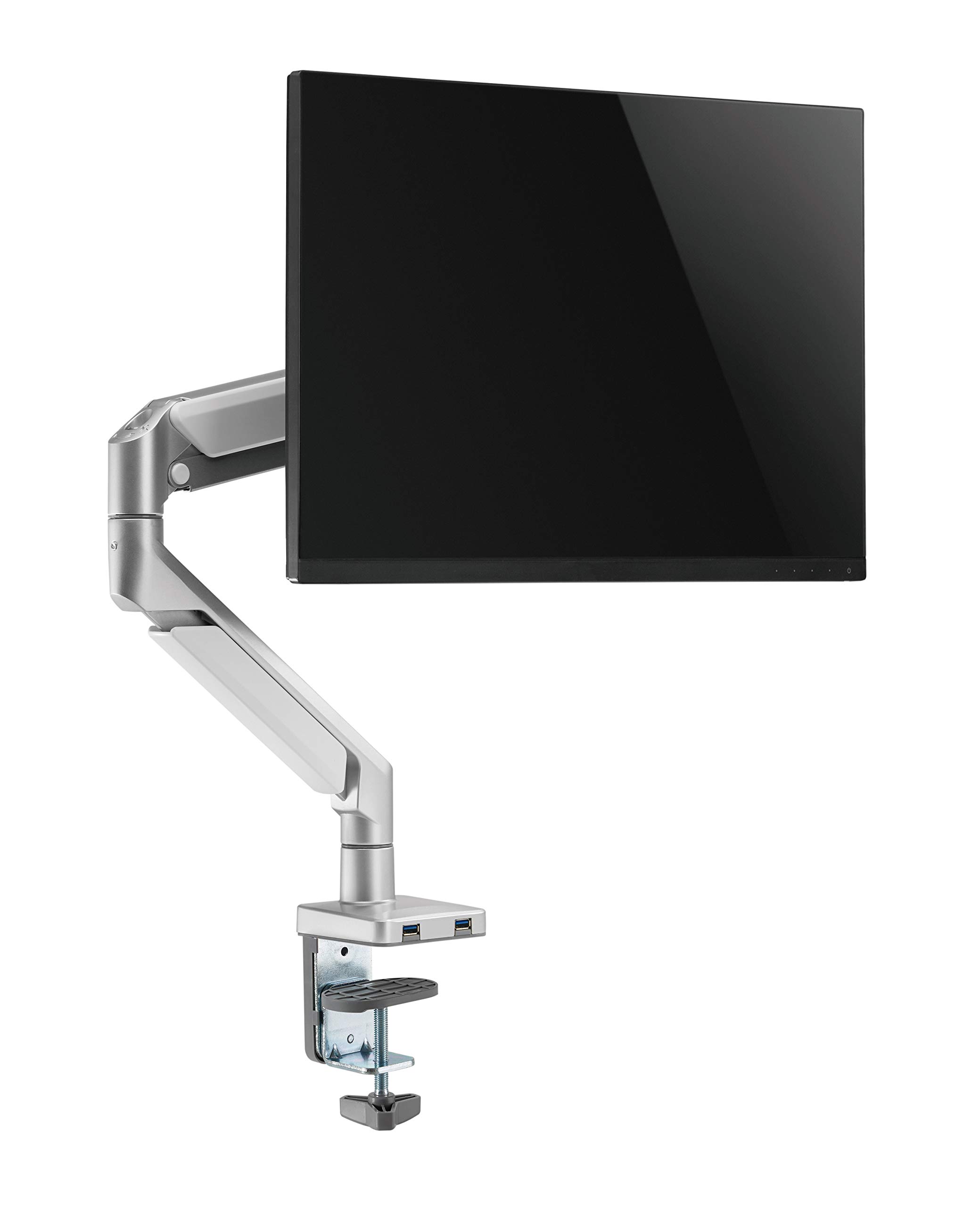 مانیتور دستی تنظیم پذیر با کیفیت ویژه Navodesk NAVO Control Model A Pro - مدل A Pro، دستگاه نگهدارنده مانیتور با کیفیت ویژه با فناوری گازی و USB Hub، استاندارد تنها با قلاب و پایه گرومت قابل تنظیم (آلومینیوم سفید)