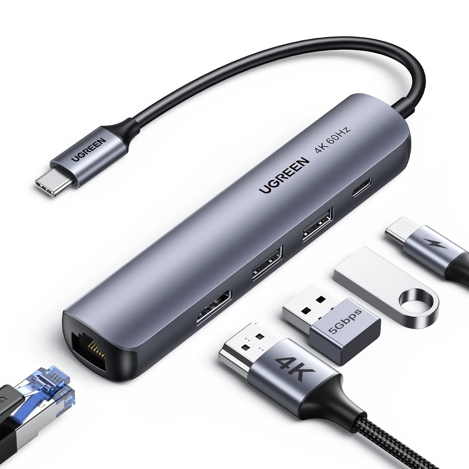 یوگرین هاب USB C، آداپتور نوع C 5 در 1 با اترنت گیگابیت، HDMI 4k@60Hz، اترنت RJ45، شارژر PD 100 وات، 2 پورت USB 3.0، سازگار با مک‌بوک پرو/ایر M1 سال 2023، دل، اچ‌پی، ایکس‌پی‌اس USB+HDMI 4K@60Hz+اترنت+PD