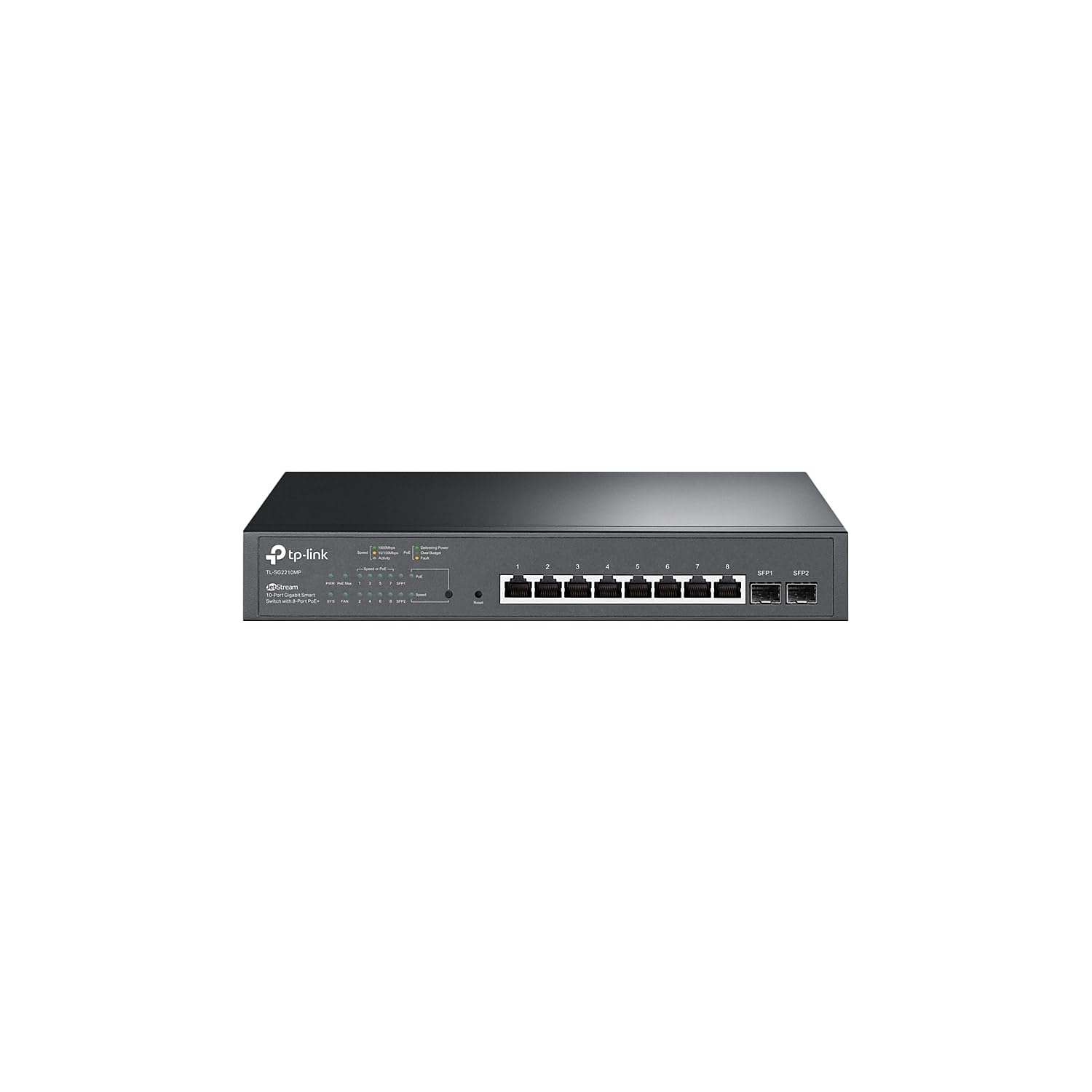 TP-Link TL-SG2210MP | سوییچ هوشمند مدیریتی PoE با قابلیت اتصال Jetstream 10 پورت گیگابیت | 8 پورت PoE+ @ 150W، 2 اسلات SFP | پشتیبانی از Omada SDN | بازیابی PoE | IPv6 | مسیریابی استاتیک | گارانتی تولید کننده 5 ساله 8 پورت PoE+، 2 اسلات SFP، 150W